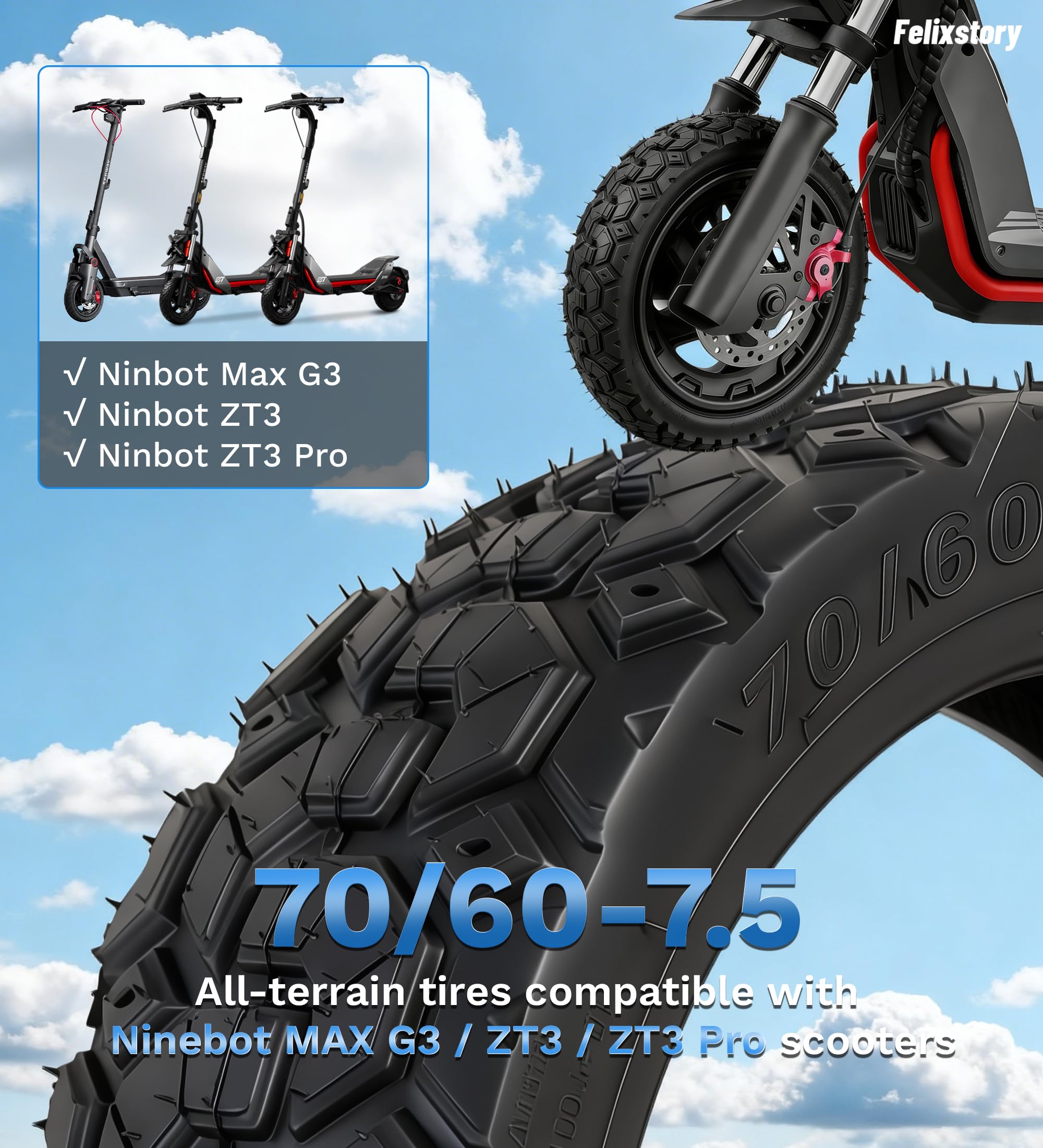 Pneu Tubeless Auto‑Obturant 70/60‑7.5, Compatible Avec Les Trottinettes Ninebot By Segway MAX G3 / ZT3 / ZT3 Pro, Pneu Tout‑Terrain Sous Vide 11 x 2,75, Pneu Anti‑Éclatement 11 Pouces