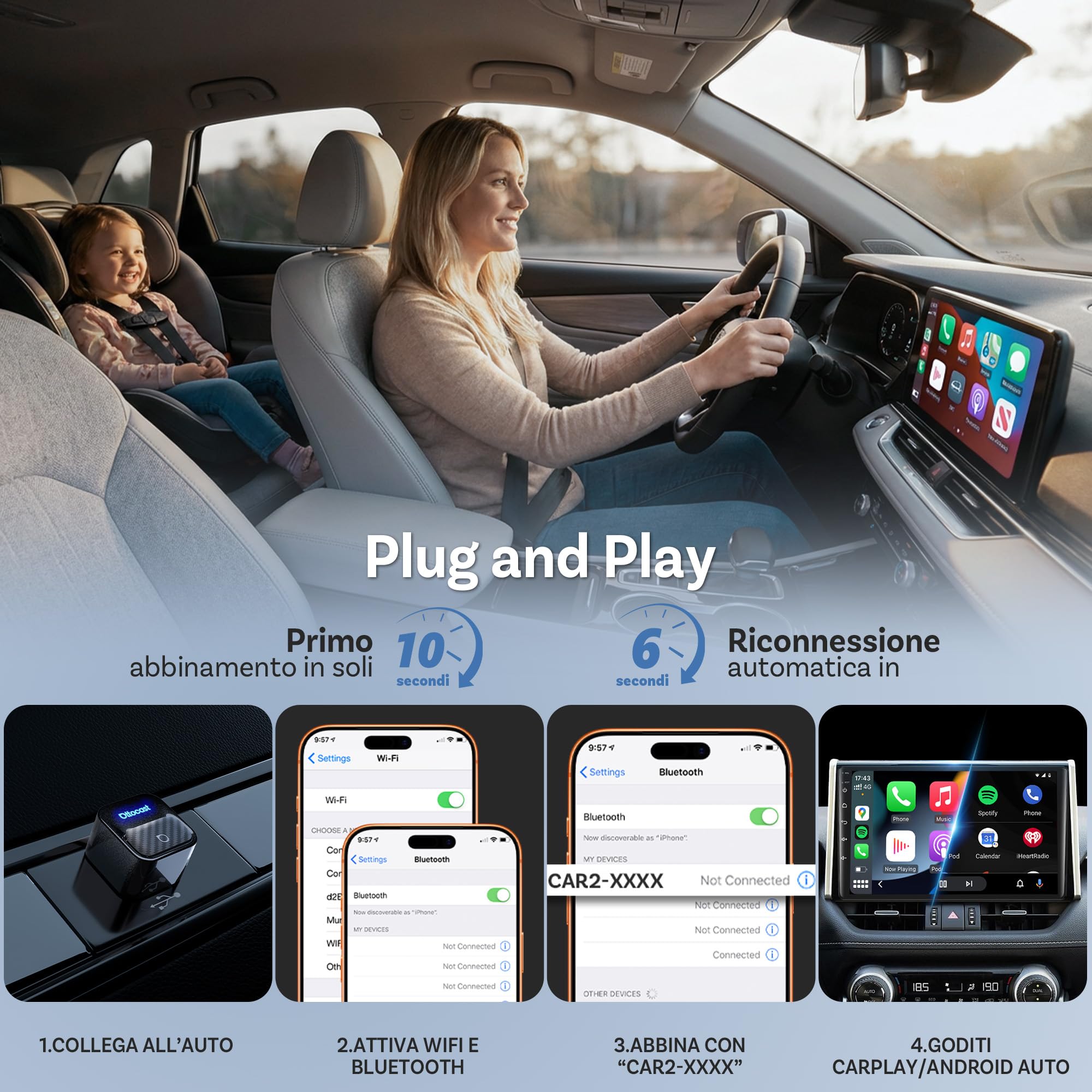 OTTOCAST Mini Core Adattatore Wireless 2 in 1 per CarPlay e Android Auto, Dongle Compatto con Wi-Fi 6 e Bluetooth 5.4, Pulsante Smart Switch, Connessione Automatica