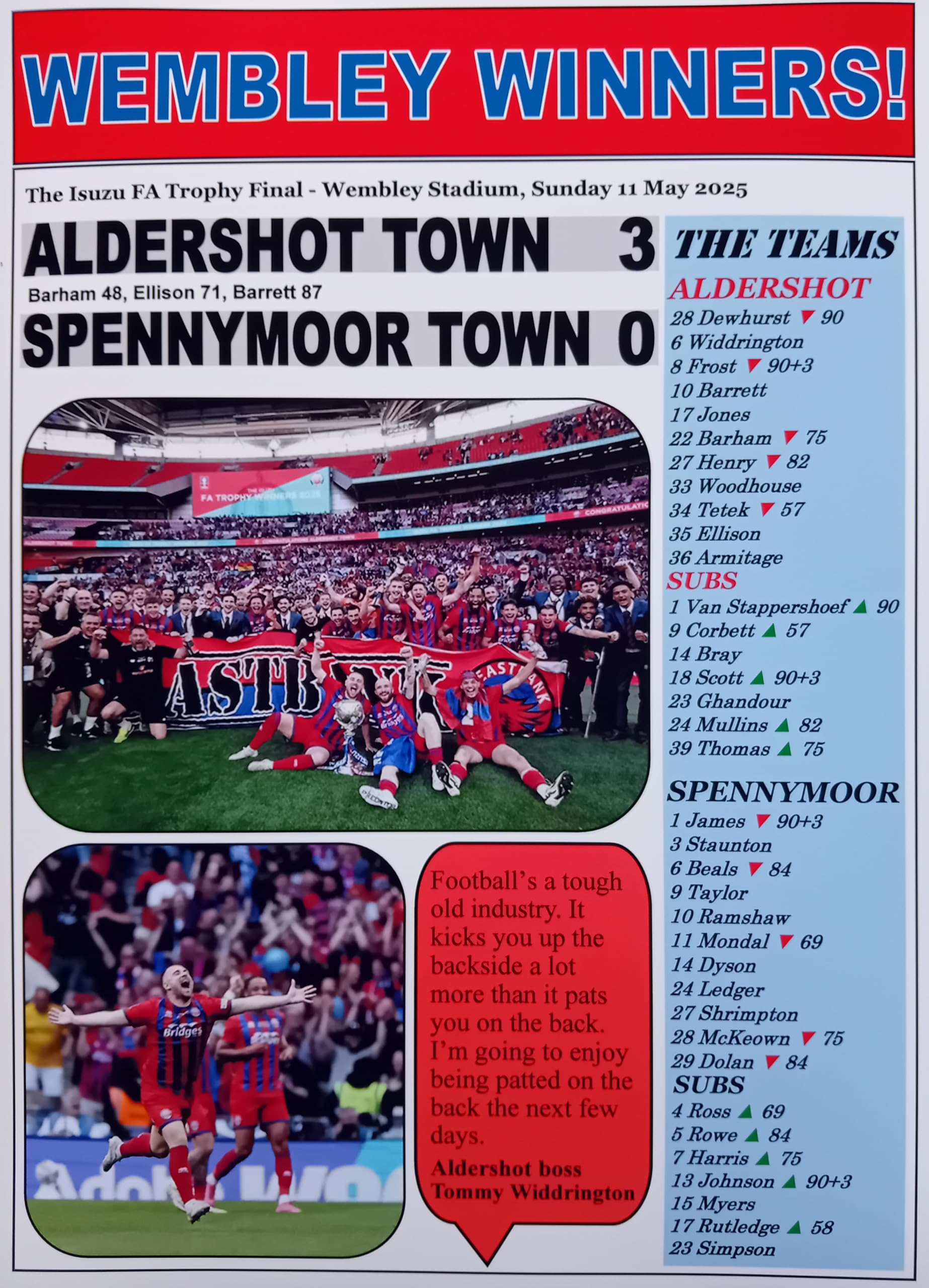 Assorted Multicoloured Aldershot Town 3 Spennymoor Town 0-2025 Fa Trophy Final - Souvenir Print