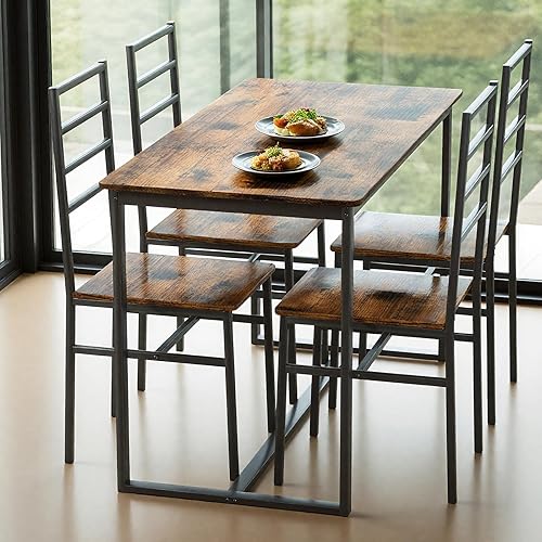 5 Metal and Wood Indoor Dinning Table Furniture Set for 4, Dining Table Chairs NX194