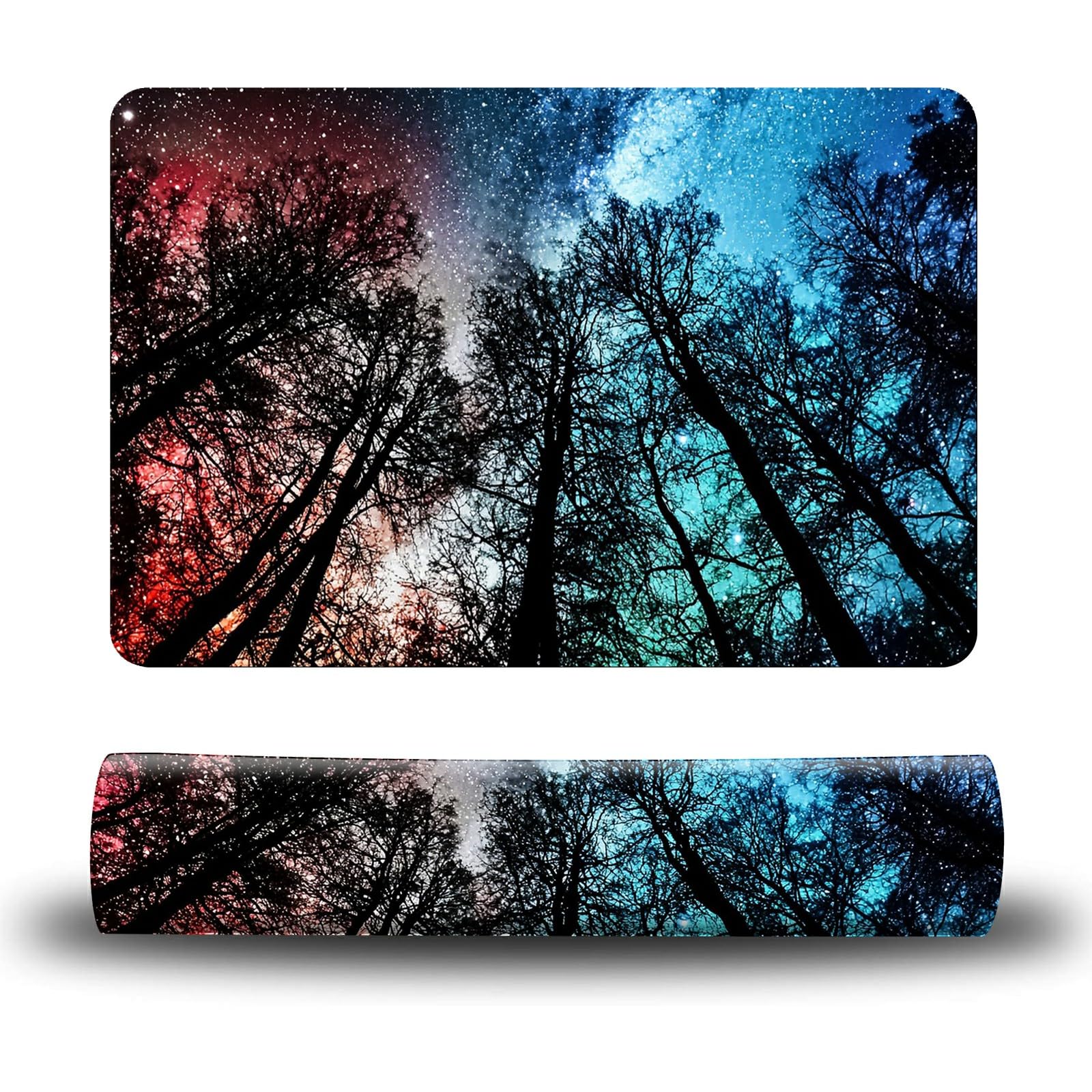 Dikoer Dog Food Mat, 15.7" x 23.6" Absorbent Pet Feeding Mat for Food and Water, Waterproof Diatom Mud Pet Placemat with Non-Slip Rubber Backing, Cat Bowl Mat for Floors - Red and Blue Trees