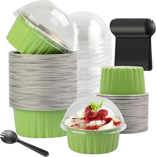 BAKINGPAK Magdalenas de aluminio con tapas, 50 moldes individuales de 4 onzas para cupcakes con tapas, moldes de papel de aluminio para pasteles,