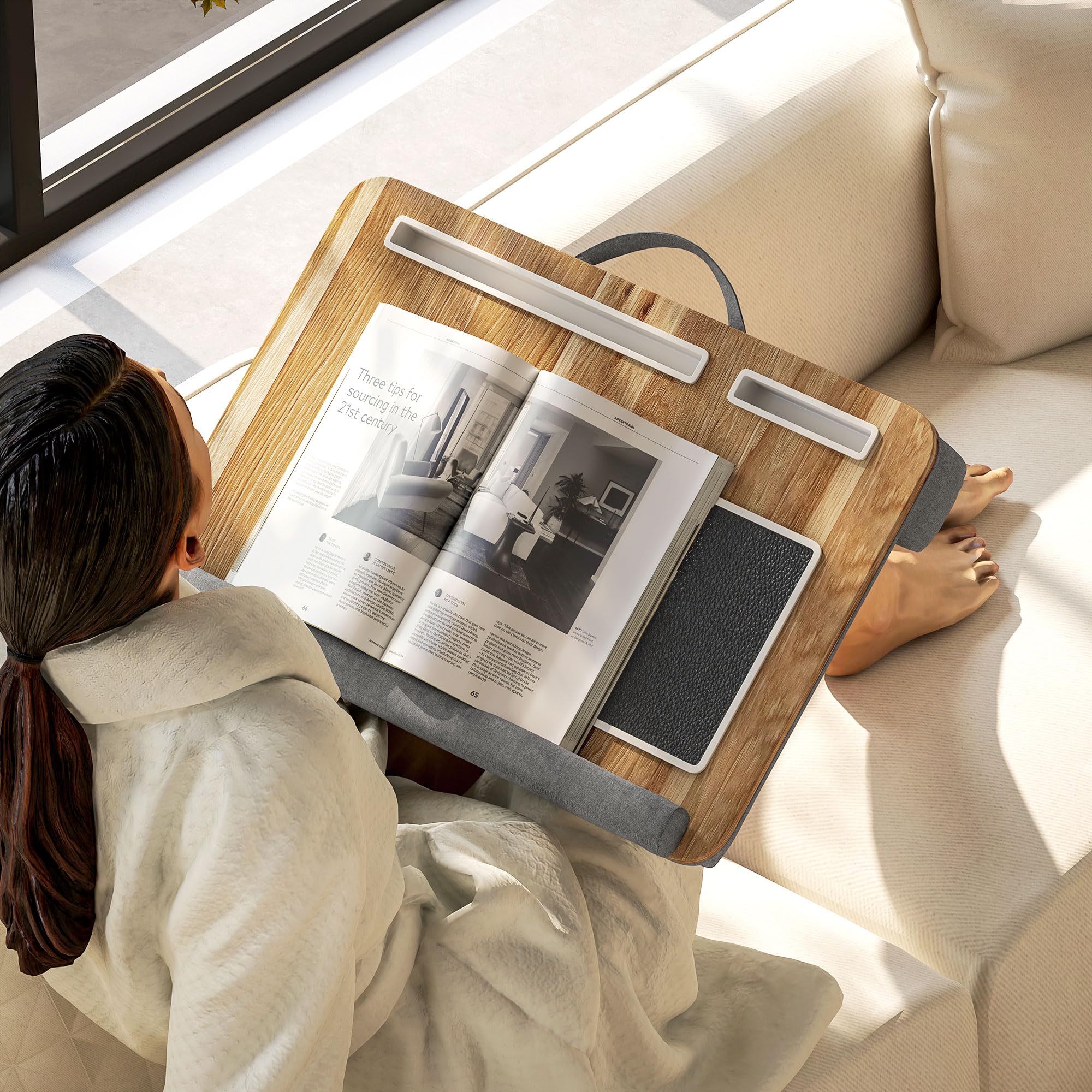 HOMCOM Support Ordinateur Portable lit Plateau pour Ordinateur Portable Table de lit avec traversin, Fente pour Tablette ou téléphone, Tapis de Souris, Repose-Poignet et poignée, 55,5 x 37 x 9 cm
