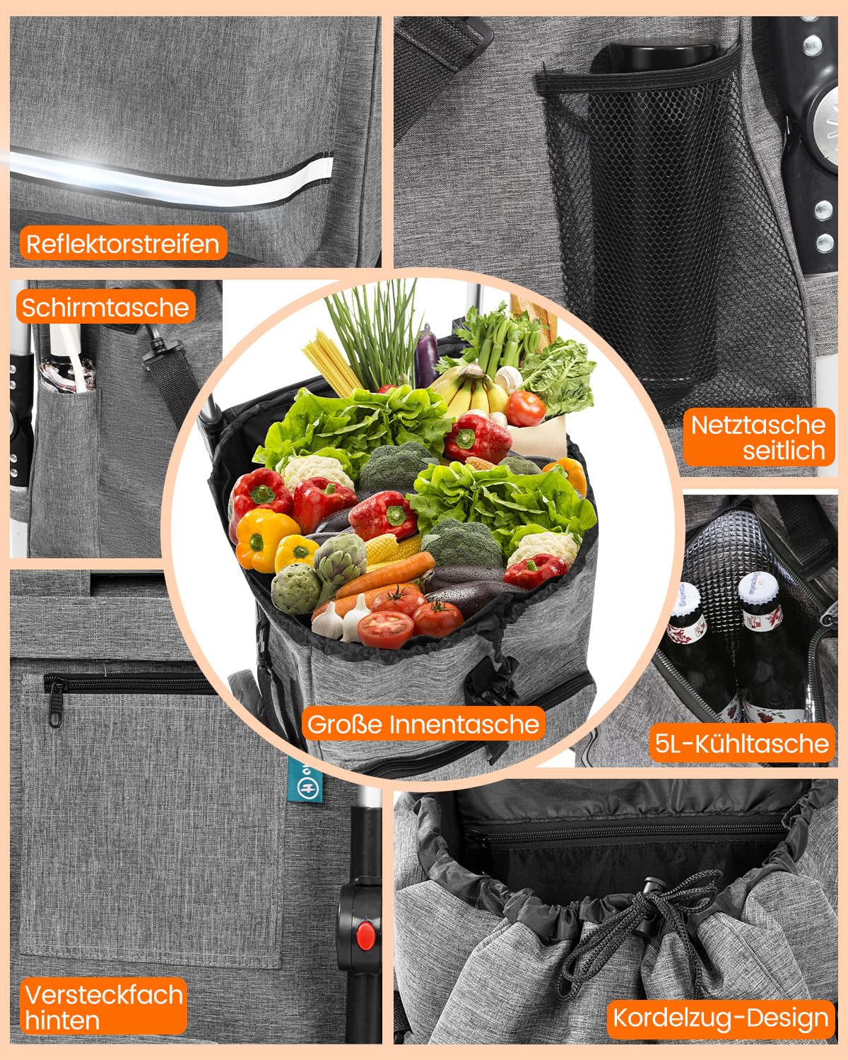 Homecall Einkaufstrolley klappbar Einkaufswagen mit 50L + 5L kühlfunktion Bis 50KG, Einkaufstasche mit Rollen 3 in 1 Shopping Trolley & Sackkarre & Umhängetasche (Dunkelgrau, Standard)