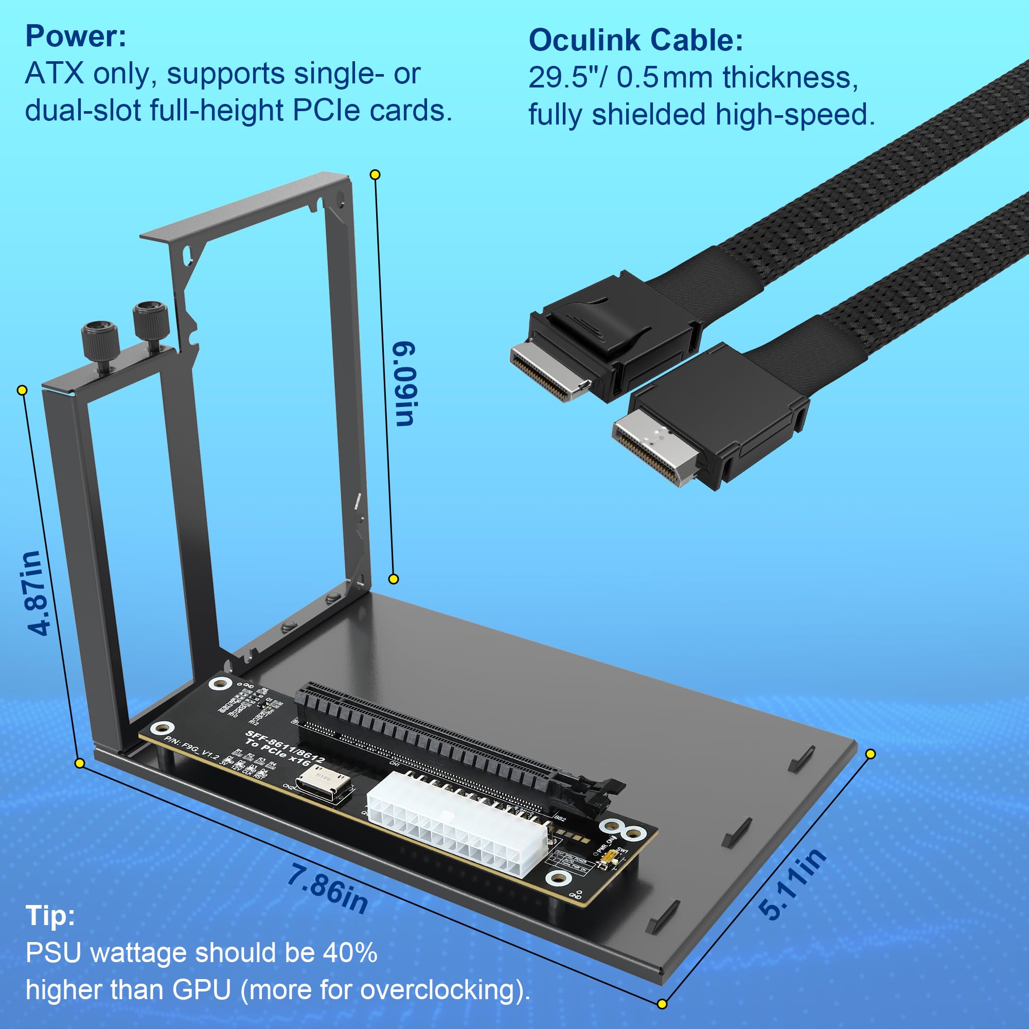 Dock eGPU PCIe 4.0 x4 64Gbps con cavo OCuLink SFF-8611 da 74,9 cm (29,5 pollici), OCuLink SFF-8612 8311 a PCIe x16 Dock GPU esterno per laptop e mini PC, enclosure GPU esterna supporta scheda grafica