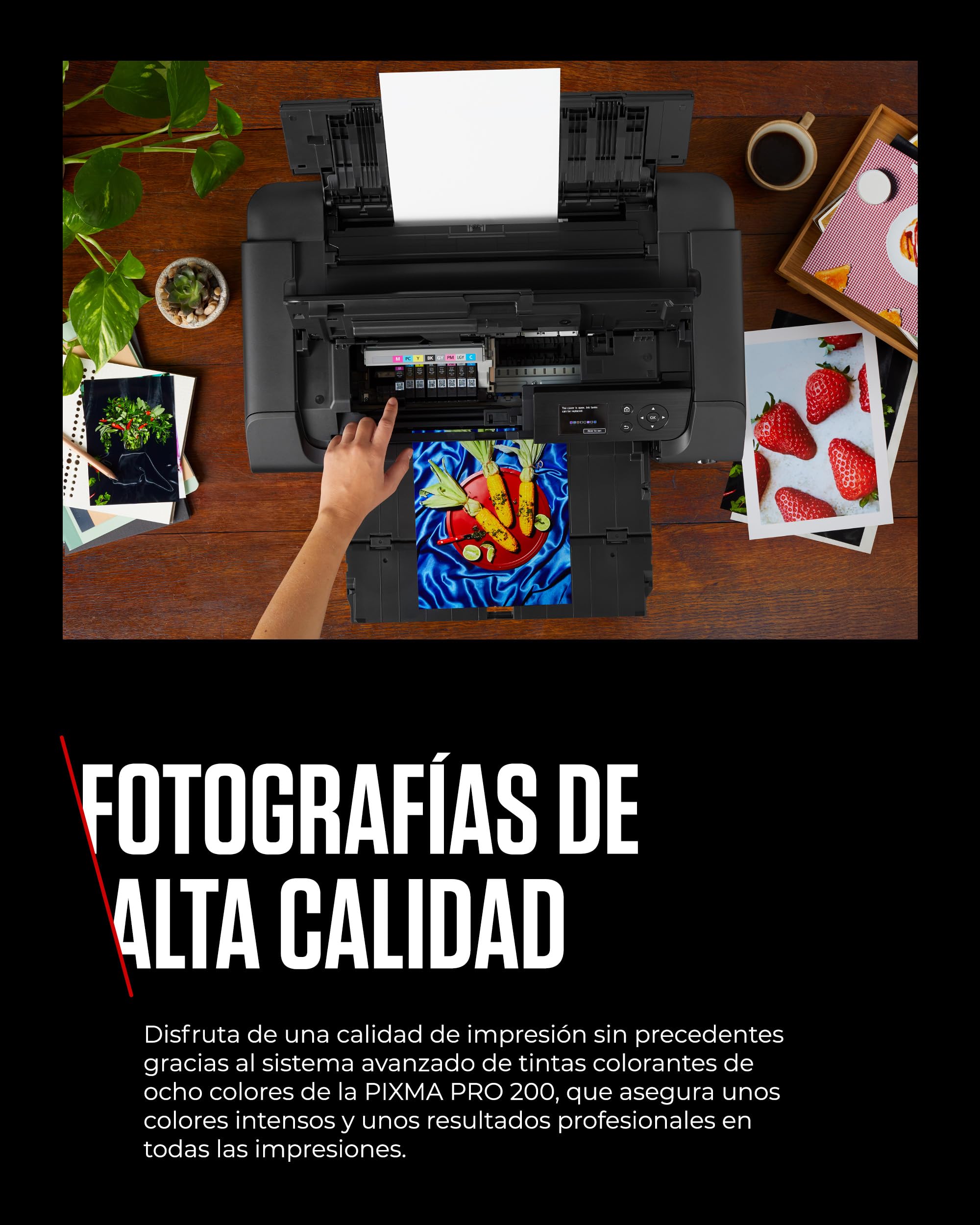 Canon Pixma PRO-200 Impresora Fotográfica Profesional, Sistema de Inyección de Tinta, A3+, WiFi, 8 Cartuchos de Tinta, Impresión Sin Bordes, Impresión de Alta Velocidad, Negro