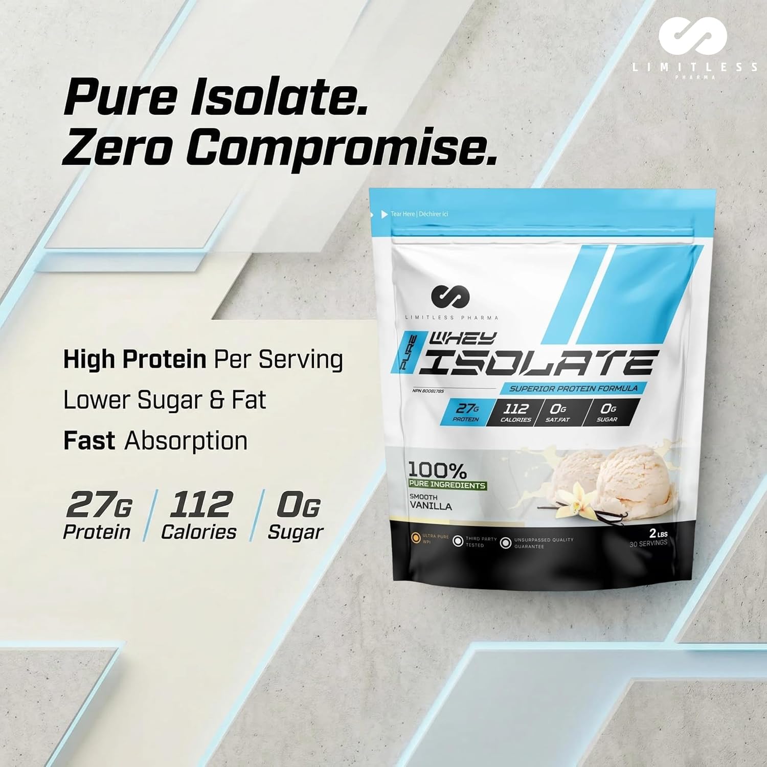 Limitless Pharma Pure Whey Isolate | High Protein Whey Isolate Protein Powder | 27g Protein, 6g BCAAs, Sugar Free, Gluten Free, Low Carb, Low Lactose | 30 Servings, 2LB (Vanilla)