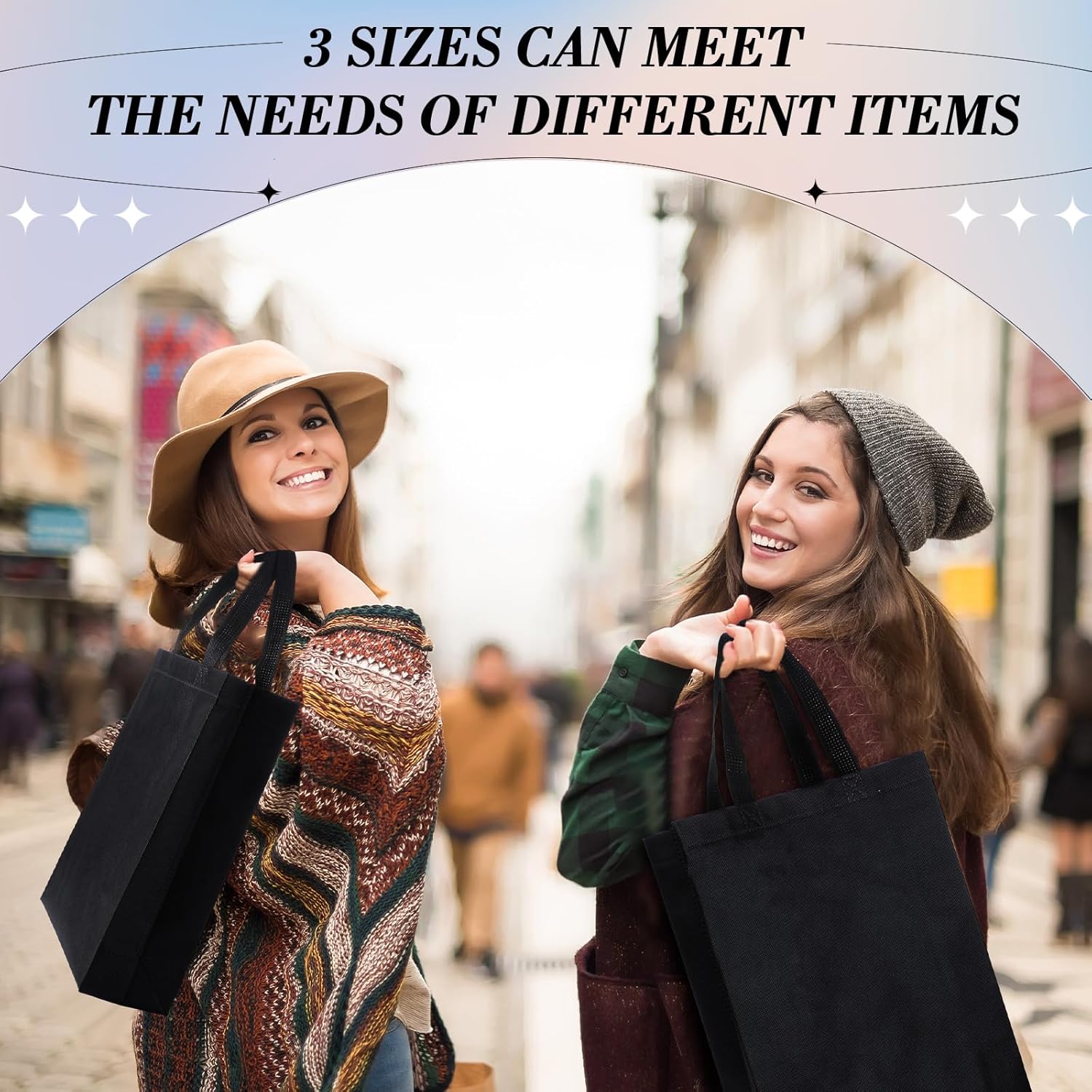 Zhehao 60 Pack Reusable Grocery Bags Non Woven Tote Bags 3 Sizes Shopping Bag with Handles Foldable Gifts Bag 9.8x13.8 & 11.8x15 &13.8x16.1 Inch(Black) - Image 7