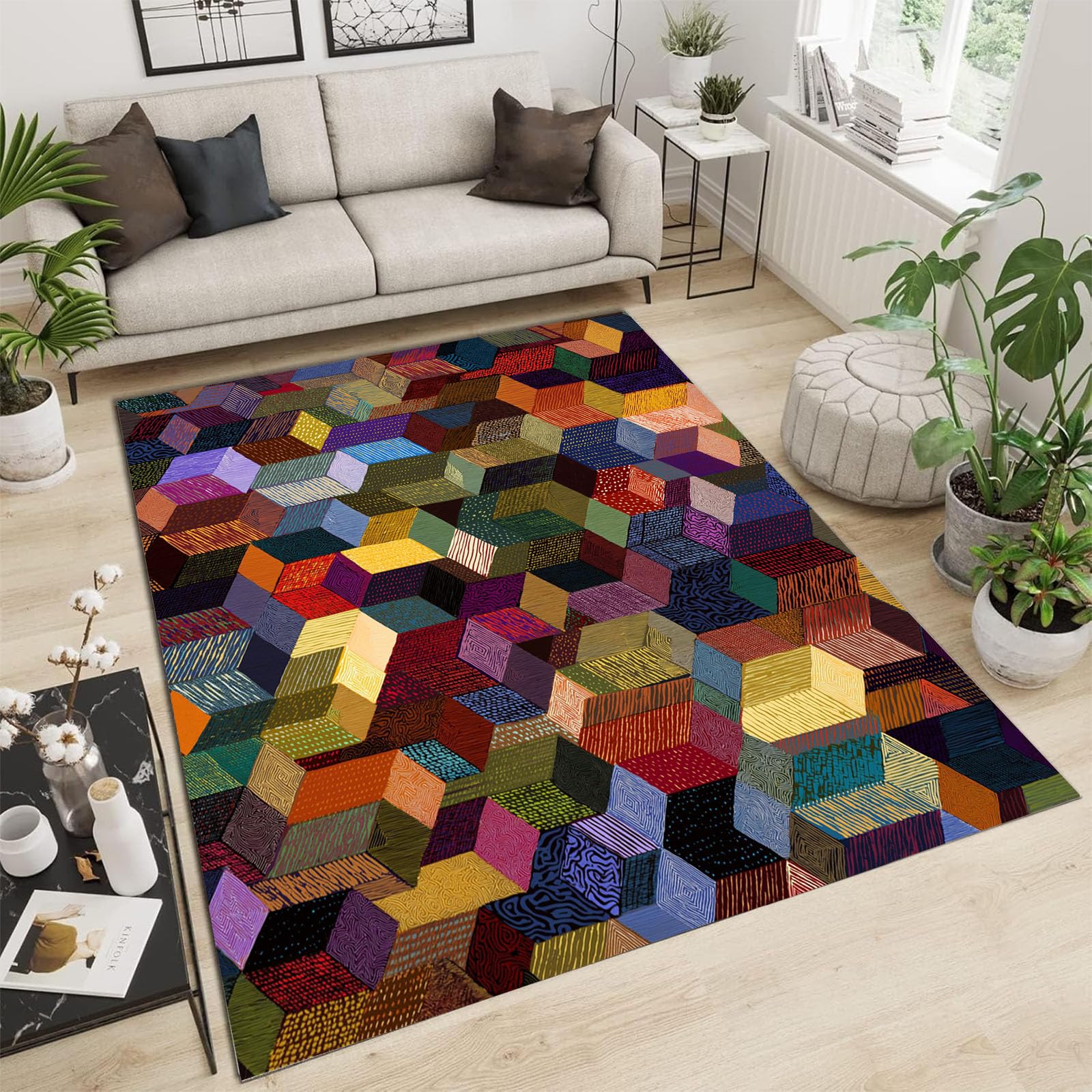 Tapis de salon géométrique lavable pour une ambiance moderne et dynamique en famille