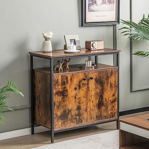 Miniatura 2 de Gabinete de almacenamiento industrial para bufé, gabinete de barra de café con 1 estante abierto, 2 puertas y 3 estantes interiores, gabinete de