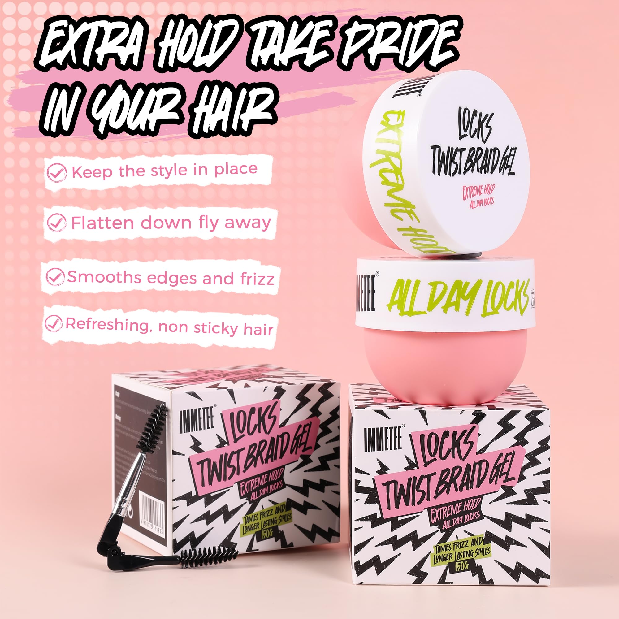 immetee Gel para Trenzas, Gel para Torcer y Marcar con Fijación Todo el Día, Control de Bordes para Cabello Afro, Cera Antifrizz para Cabello con Cepillo Aplicador (Rosa 150g)