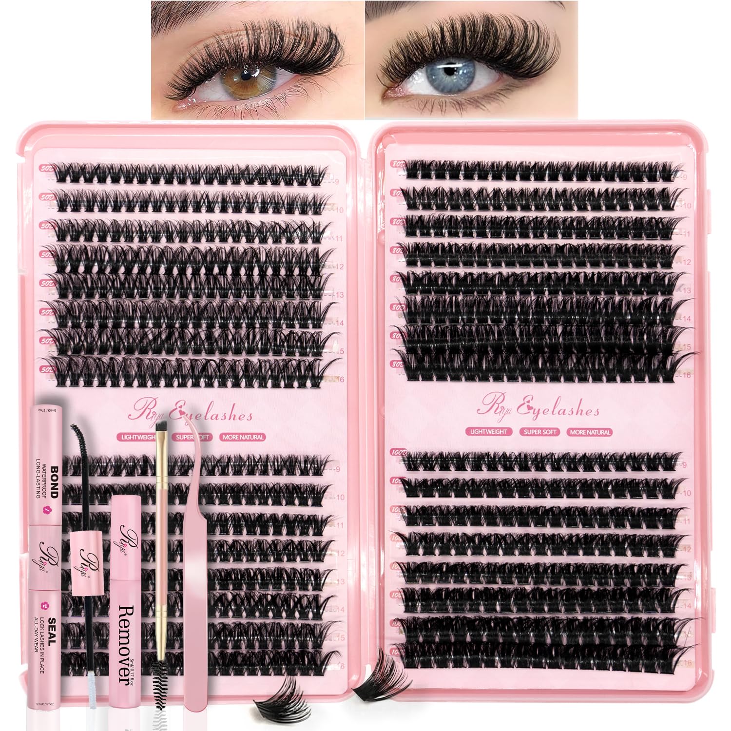 Individual eyelashes Cluster Lashes 630pcs D Curl 8-16MM Fluffy Wispy Cluster Lashes DIY Cluster Lashes Kit with Lash Bond and Remover Tweezers Double-Ended Brush(50+60+80+100 kit)