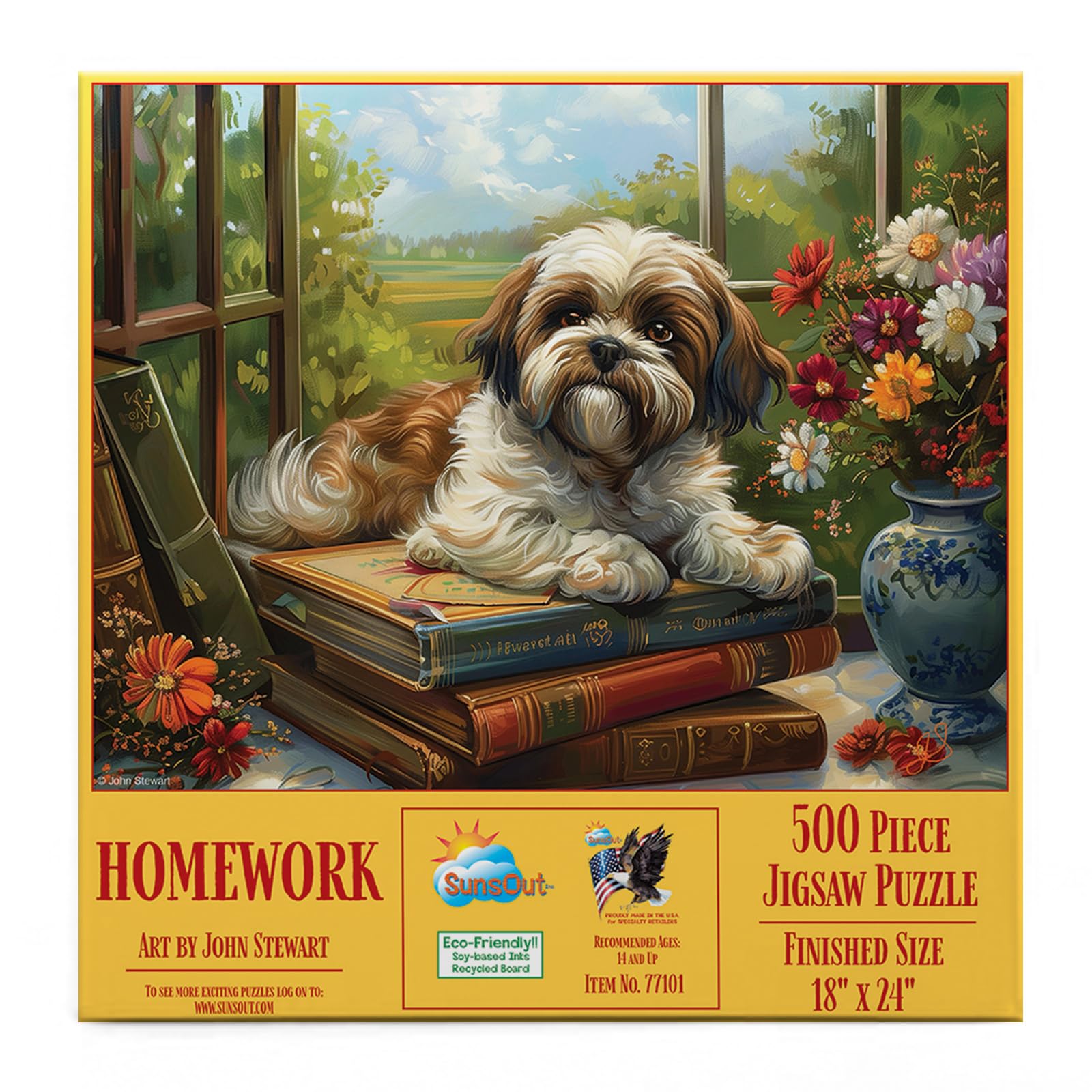 SunsOut Homework Shih Tsu Dog 500 piece Jigsaw Puzzle for Adults - Animals, Made in USA, John Stewart - 18" x 24" MPN# 77101