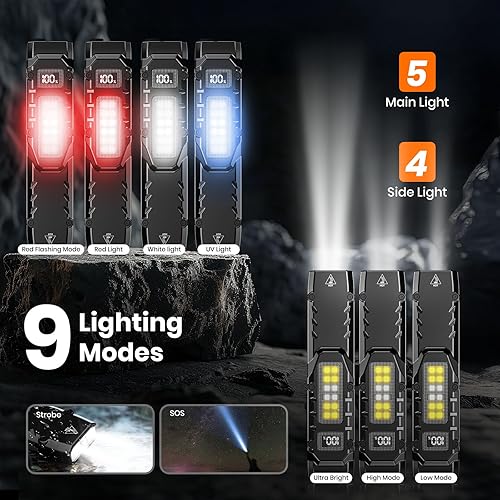 Miniatura 5 de Linterna táctica EDC, linterna plana LED recargable de 1100 lúmenes altos con clip y pantalla digital, linterna de bolsillo para emergencia en el