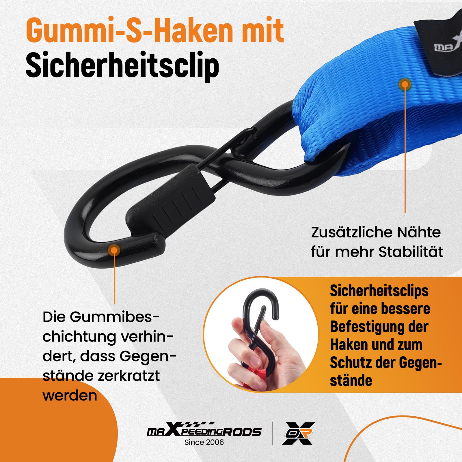 maXpeedingrods Spanngurte Ratschen Zurrgurte Set 4-teilig 2362kg | mit Soft Loops & S-Haken, 2.4m x 4cm inkl. Tasche& Handschuhe – für Motorrad, ATV, Auto, LKW, Transport - Blau