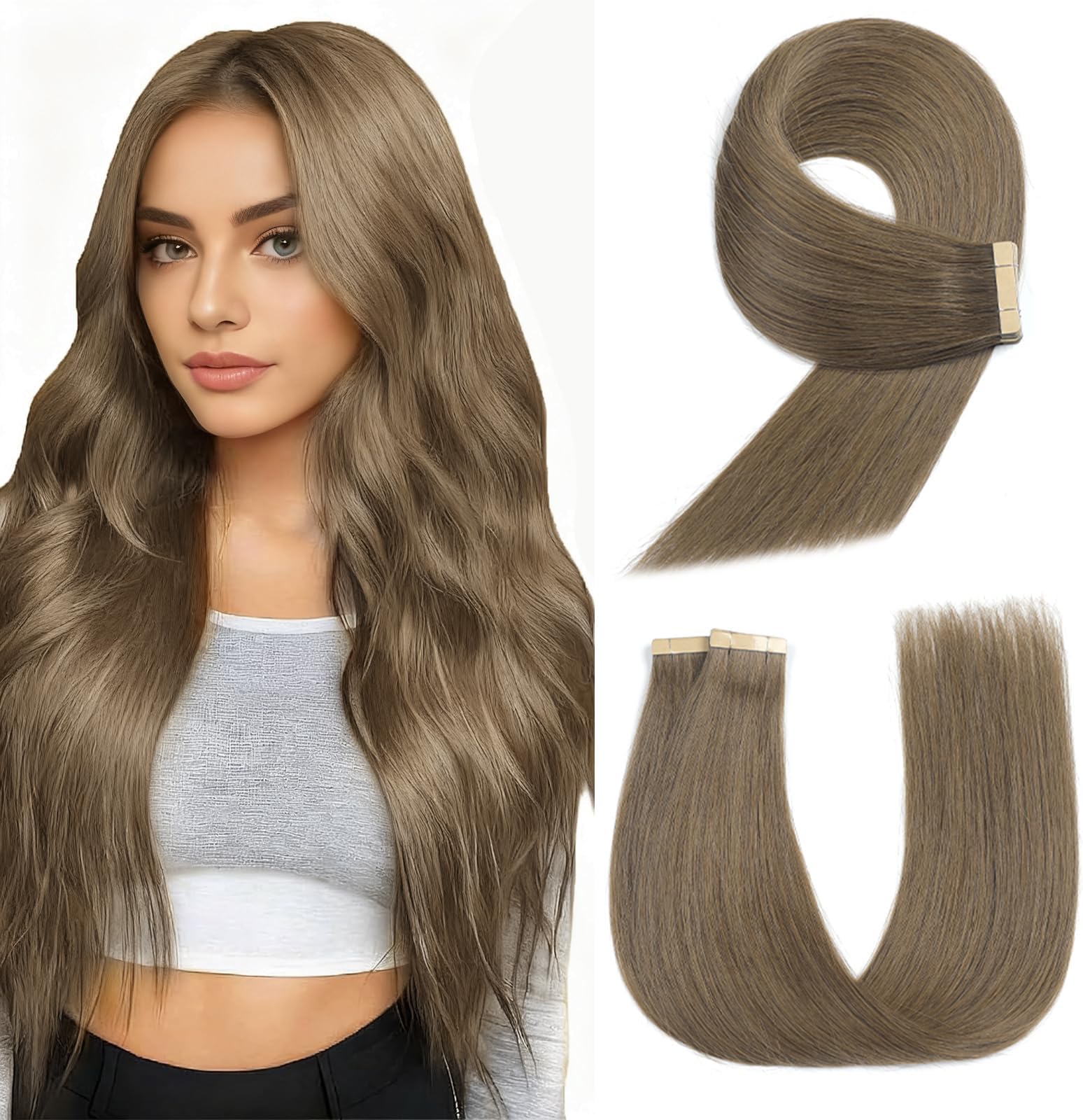 YDDM ブラウンテープ ヘアエクステンション 人毛 24インチ コールド ライト チョコレート ブラウン 20個 ロング テープ エクステンション 女性用 本物の人毛 カラー #4C