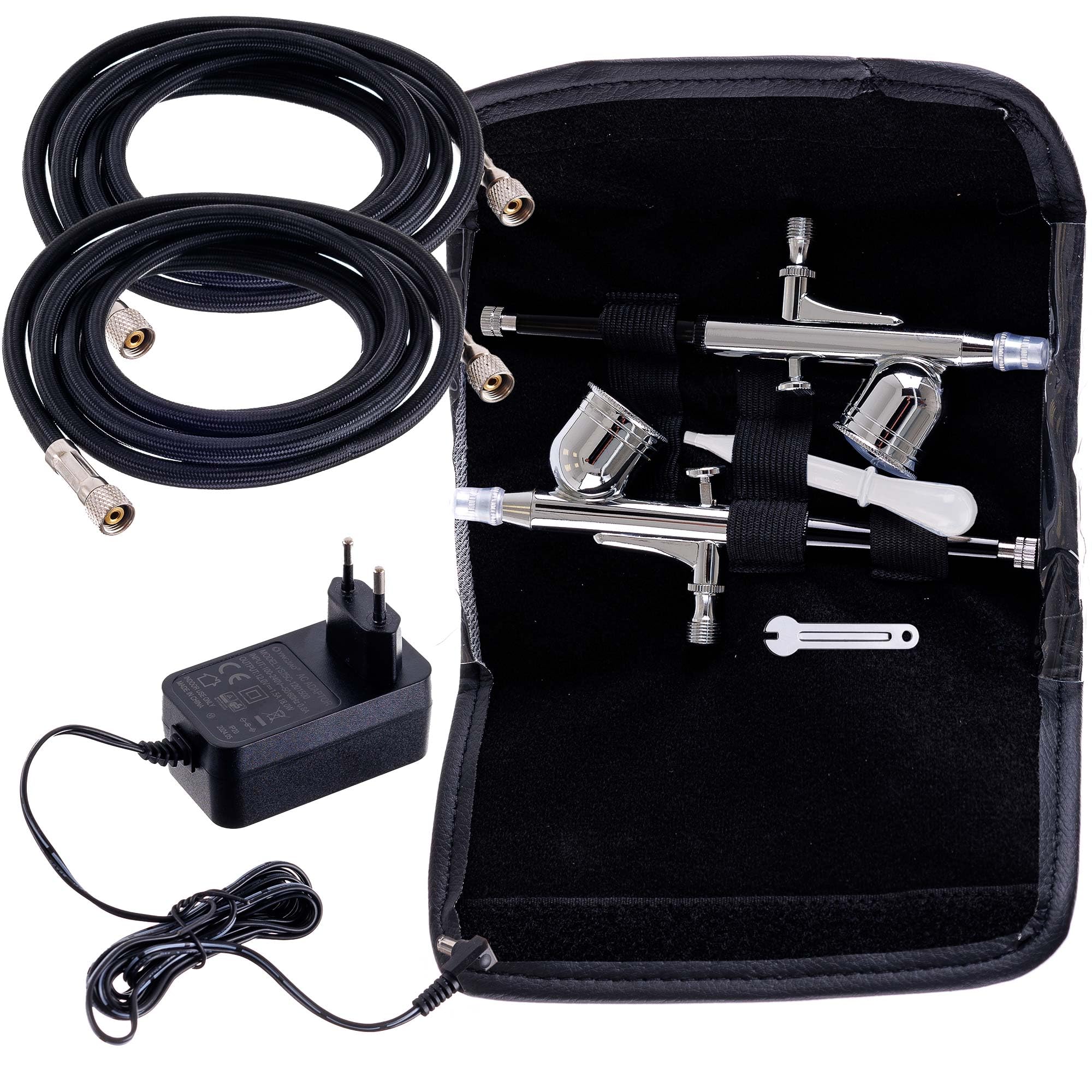 TC TECHNIC - Compressore per Aerografo - Senza Olio, Silenzioso - con 2 Tubi da 1,7m e 2 Pistole per Aerografo - Avvio/Arresto Automatico - Controllo Elettronico Della Pressione - Bianco