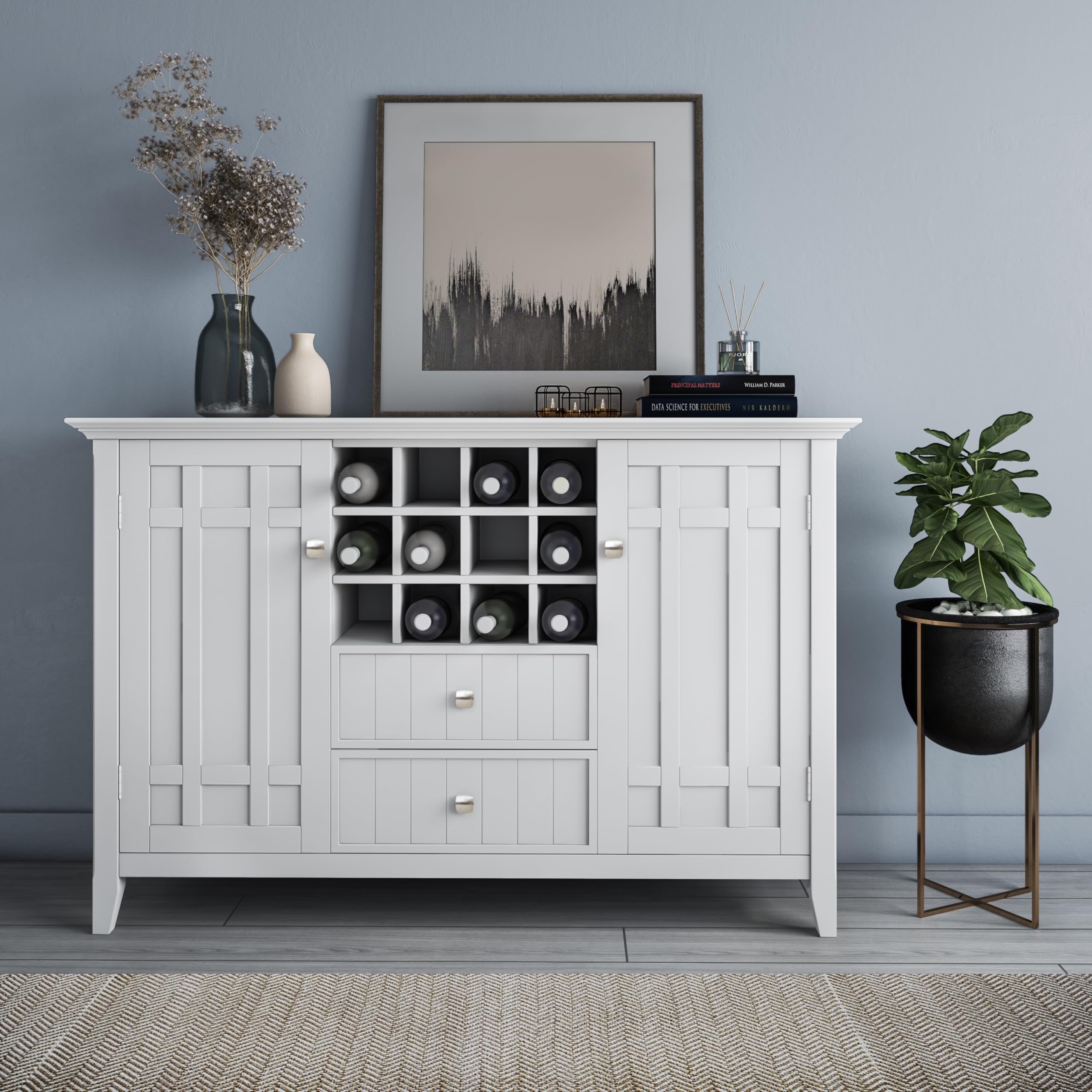 SIMPLIHOME Bedford SOLID WOOD 54 Inch Wide Transitional Sideboard Buffet and Wine Rack in White, For the Dining Room and Kitchen