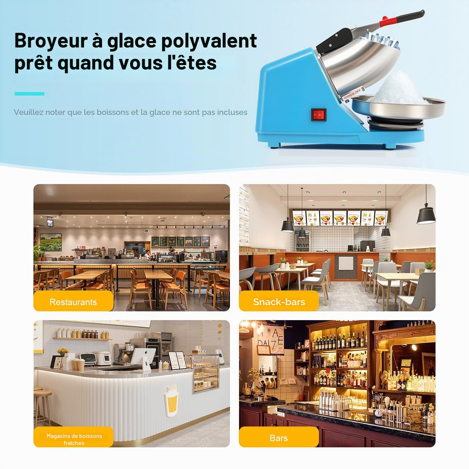 Broyeur à glace électrique, en acier inoxydable, capacité de glace pilée 65 kg/h, pour boissons froides, milkshakes, bleu