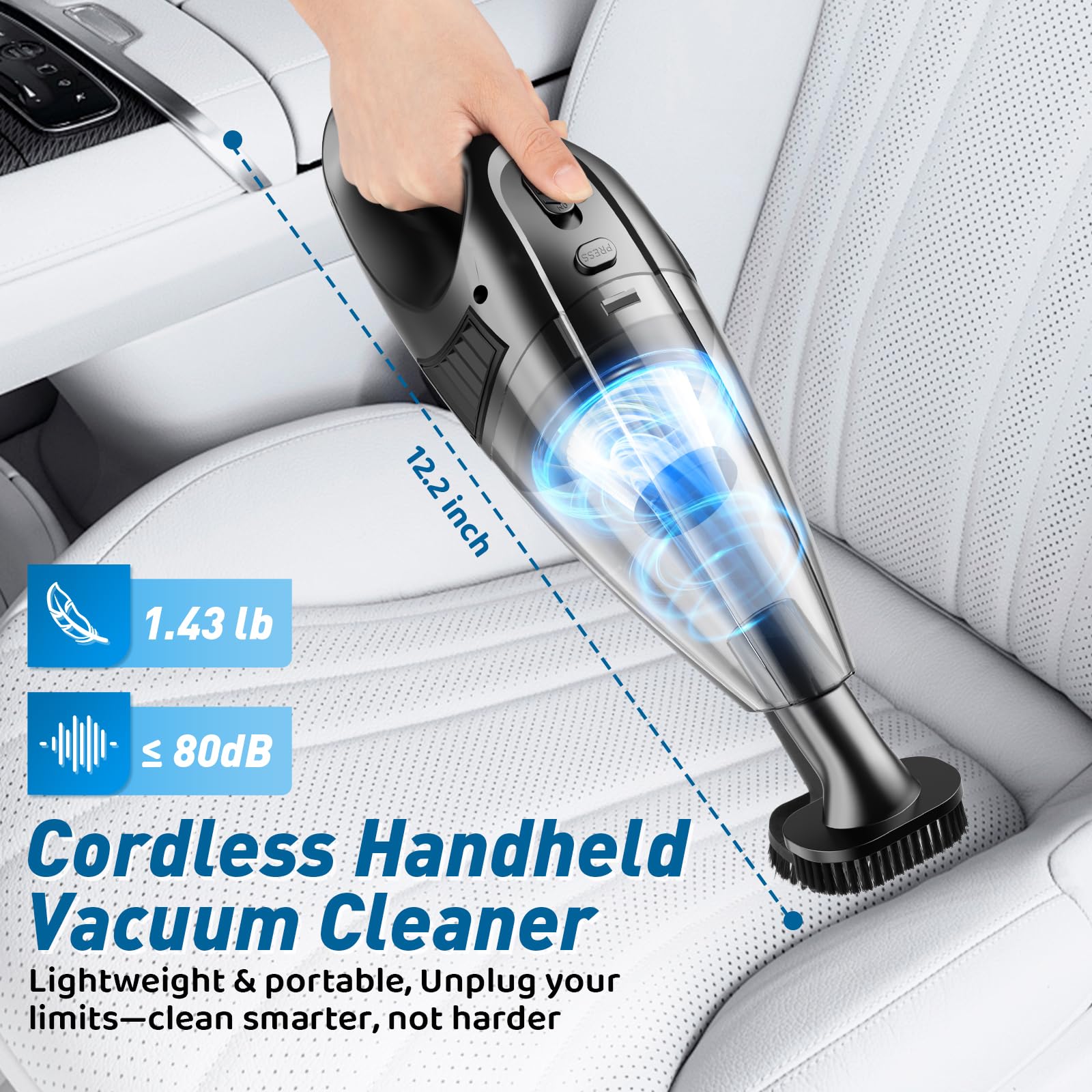 Aspirador Portátil Inalámbrico, 120 W, 9000 Pa, Potente, con Batería de 3600 mAh, Recargable, para Limpieza de Hogar y Coche