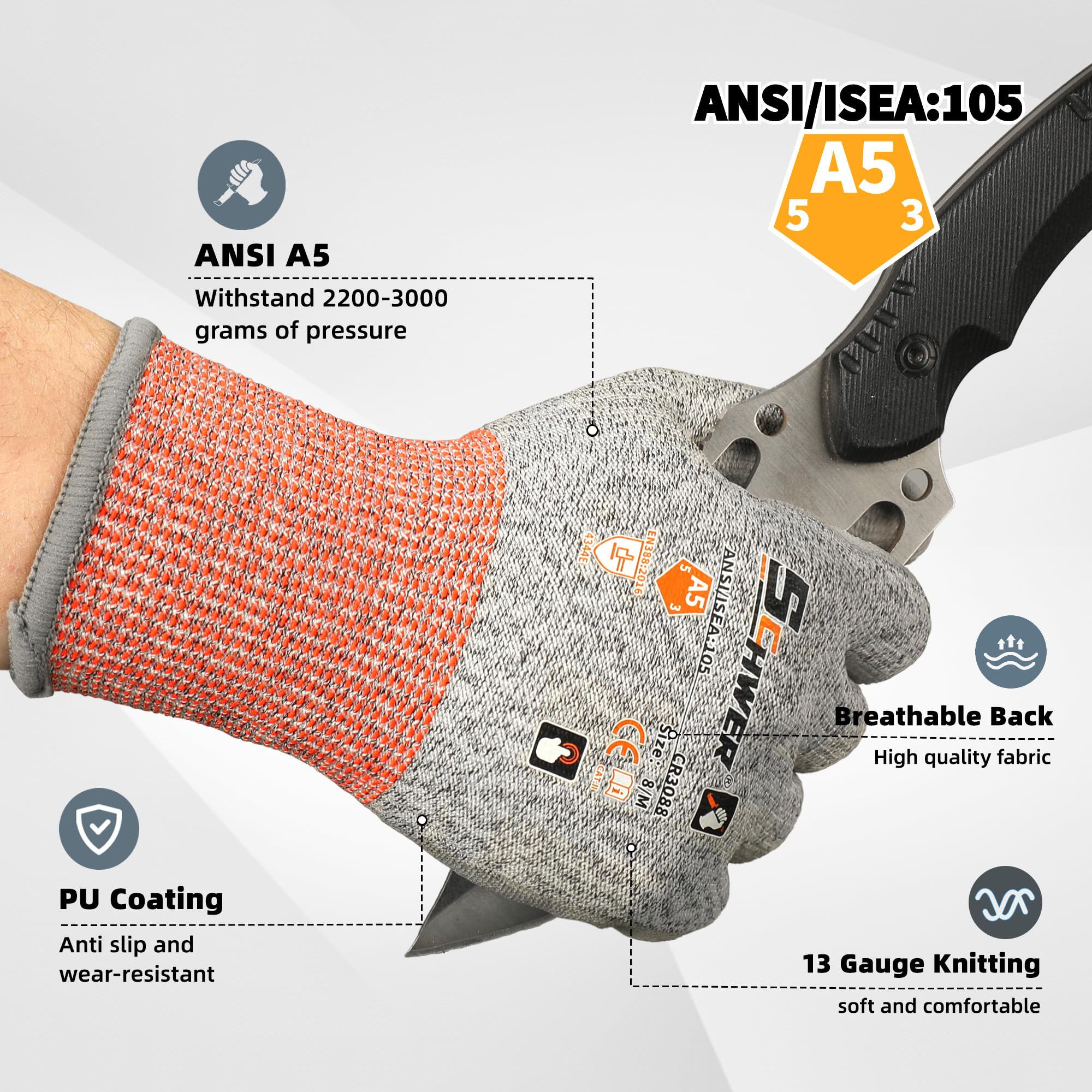 Schwer Lot de 12 paires de gants de travail de protection contre les coupures niveau 4/D avec revêtement en polyuréthane, gants antidérapants et durables pour le travail des métaux, le travail du bois