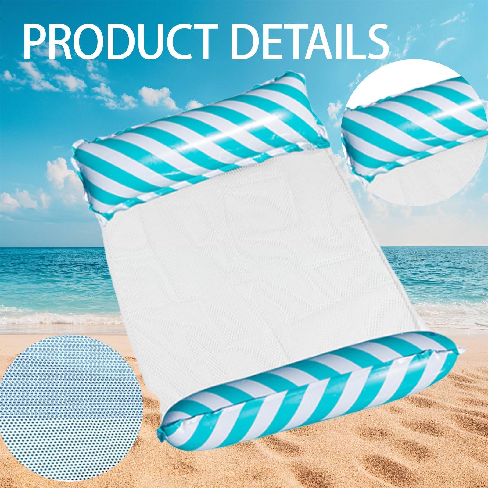 MUNSKT 1 Pack Light Blue Striped Inflatable Pool Hammock Set, Includes Air Pump & Flamingo Cup Holder - Image 4