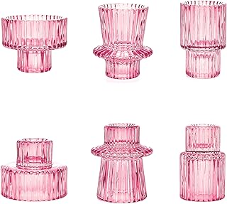 Candlestick Holders Set of 6, Ribbed Glass Taper Candle Holders, Reversible Pink Tealight & Candle Stick Candle Holder Vintage Crystal Tapered Candlestick for Wedding Dinner Party Festival