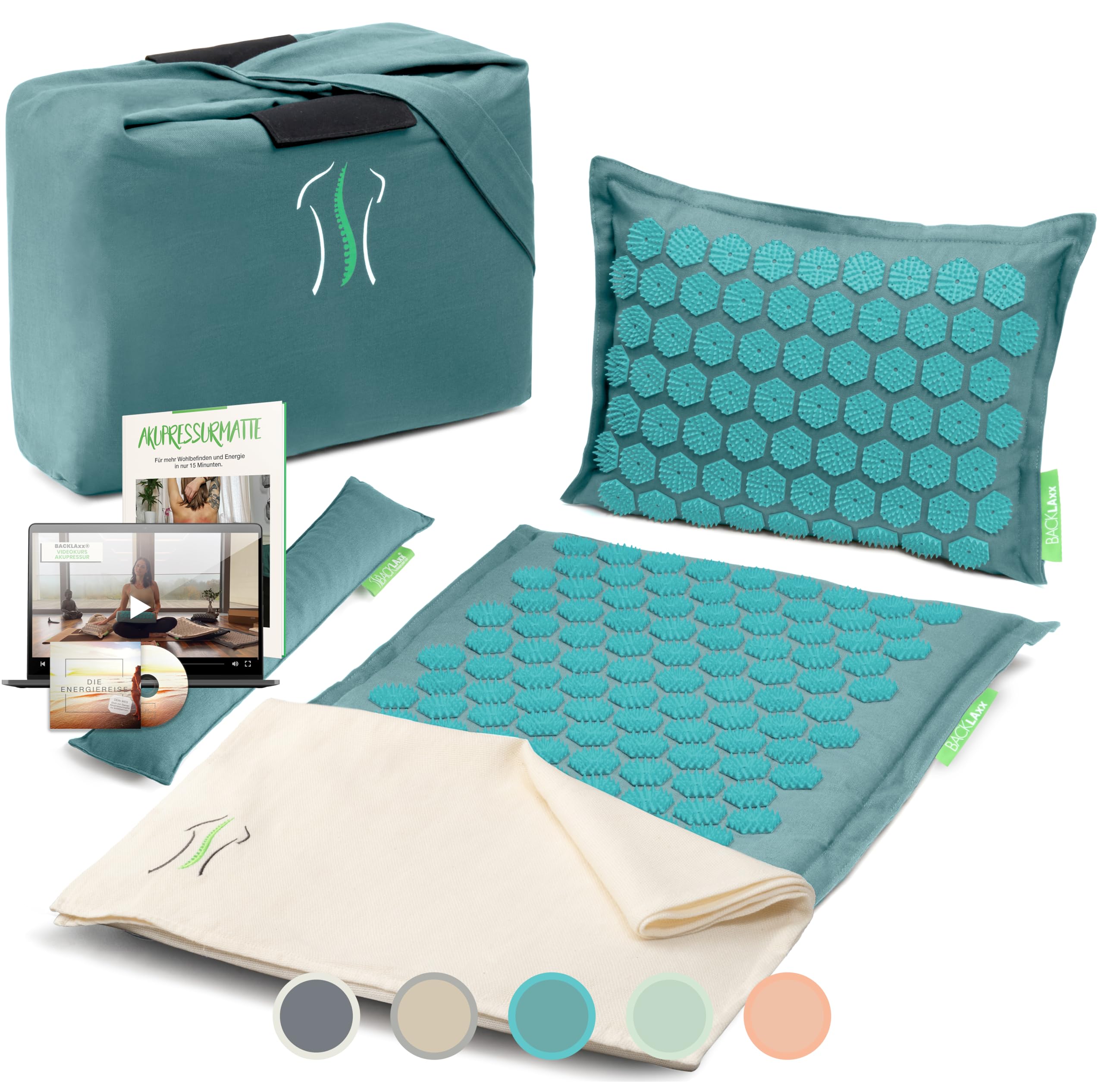 BACKLAXX Akupressurmatte mit Kissen, Tasche, Tuch