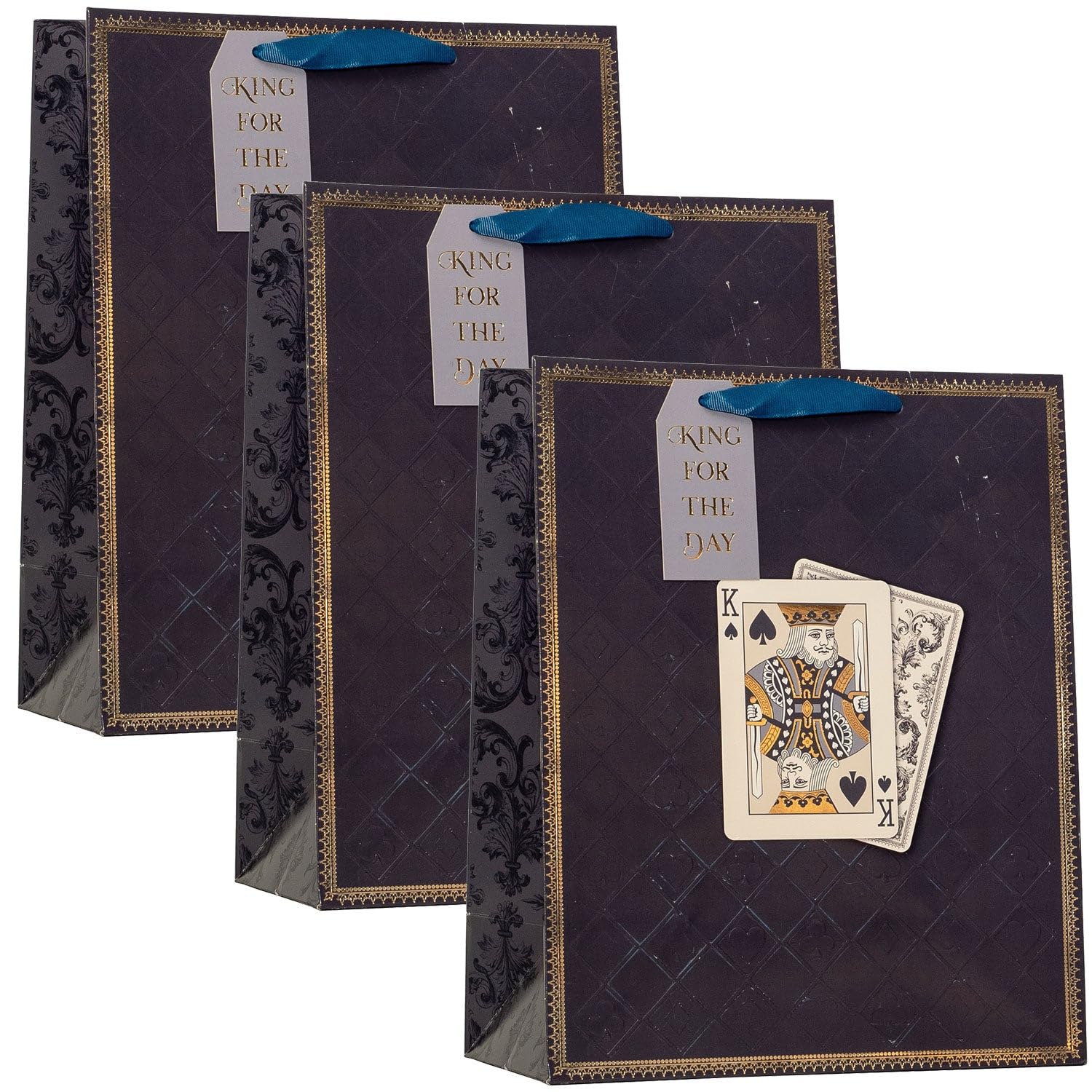 Design By Violet Playing Card Design Large Gift Bag – Set of 3 Decorative Paper Gift Bags with Ribbon Handles for Father’s Day, Men’s Birthday and Male Birthday Gifts