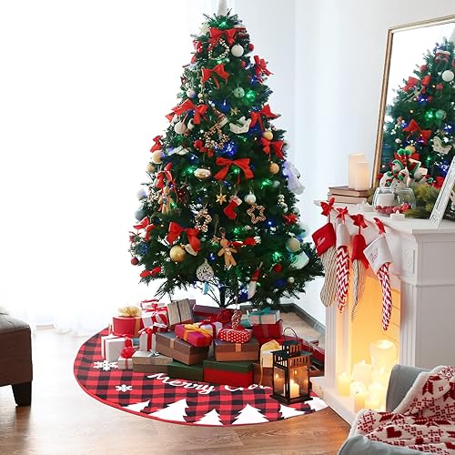 Miniatura 5 de Falda de árbol de Navidad, tapete de árbol de Navidad a cuadros rojos y negros con diseño de copo de nieve para decoraciones de fiesta de Navidad,