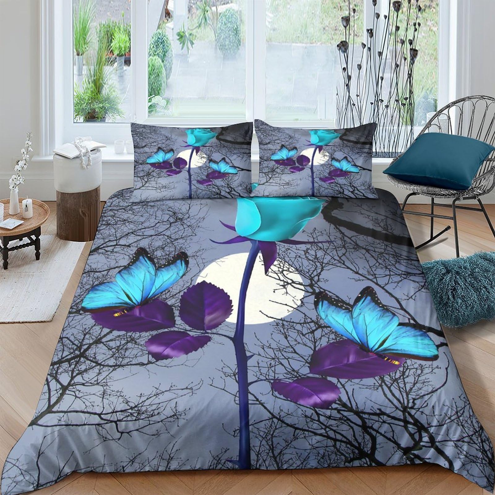 GPLZQXKJNH 3D Printed Blue Butterfly Moon Duvet Cover Set Microfiber Soft Breathable Purple Forest Bedding with 2 Pillowcases for Bedroom Decor Single（135x200cm）