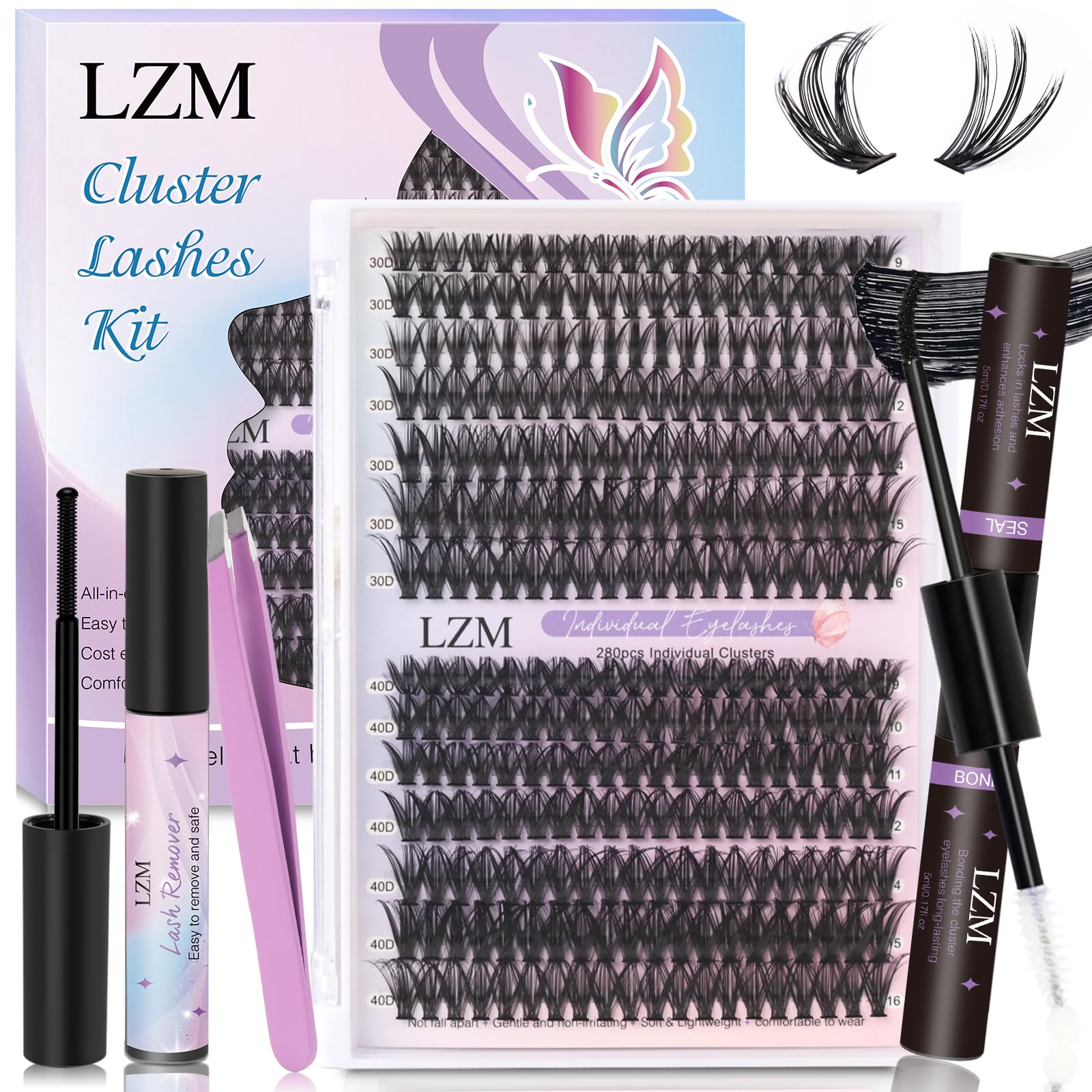 LZM Kit Pestañas Postizas, 280PCS Pestañas Pelo a Pelo C Curl 30D+40D 9-16mm Pestañas Postizas Individuales con Pinzas,Remoción y Sellado para DIY en casa