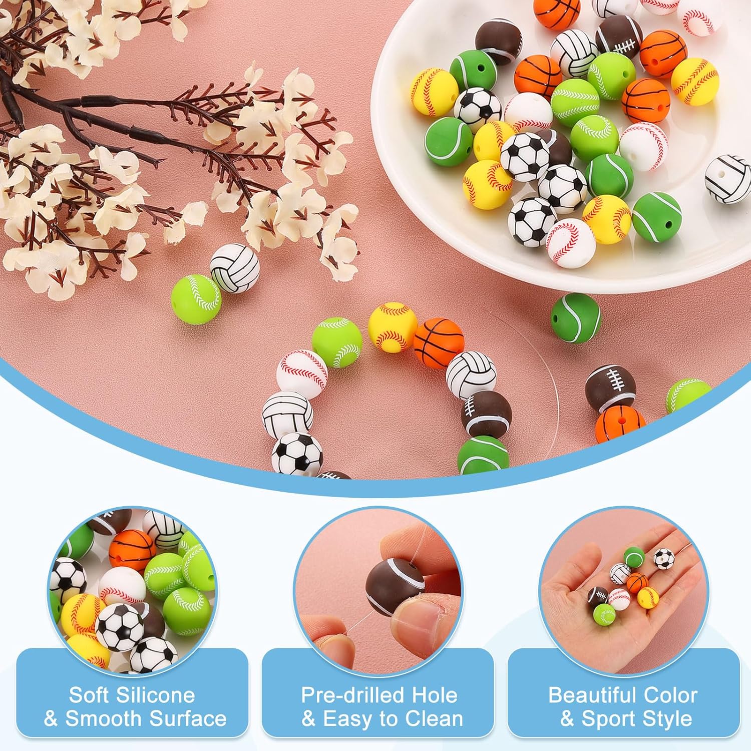 uxcell Sports Ball Beads, 30Pcs 15mm - Silicone Round Spacer Focal Beads, Rubber Loose Print Sports Beads for Keychain Making Pens DIY Crafts Necklace Bracelet Lanyard (Volleyball) - Image 3