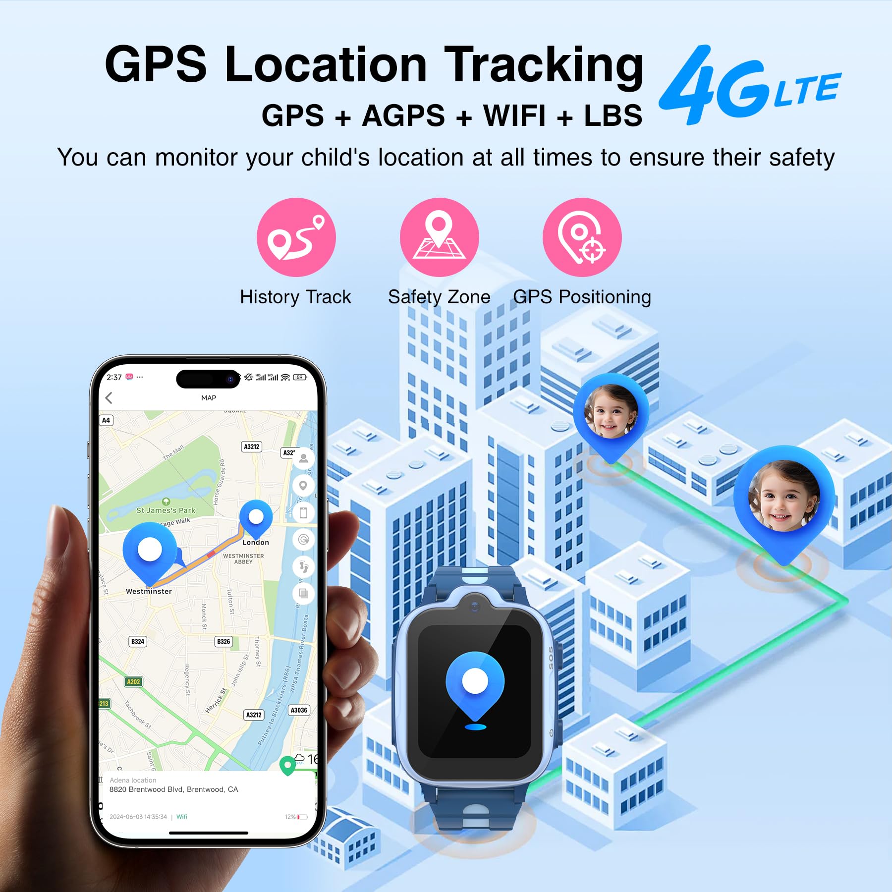 AstraMinds Smartwatch Bambini 4G per Ragazzi e Ragazza, Orologio GPS, Impermeabile IP67, Videochiamata, WiFi, SOS, Chat in Tempo Reale, Messaggi, Fotocamera, Contapassi, Sveglia per 4-12 Anni (Blu)