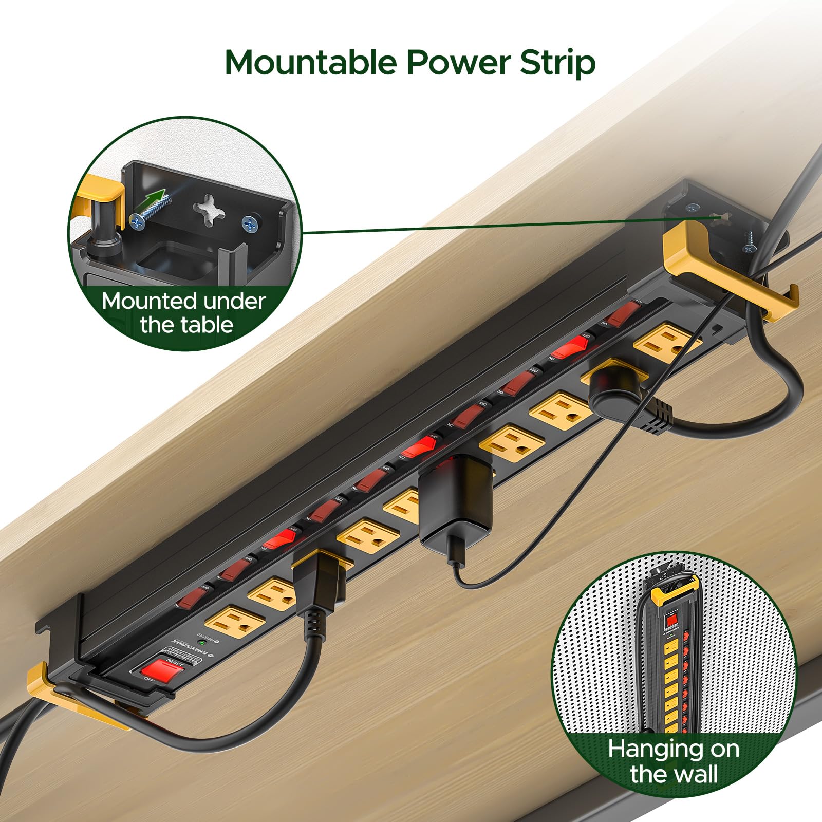 Regleta de alimentación resistente de 10 tomas con interruptores individuales, protector de sobretensiones de metal, enchufe plano, protección de sobrecarga 3300J 15A/1875W, gestión de cables de 6