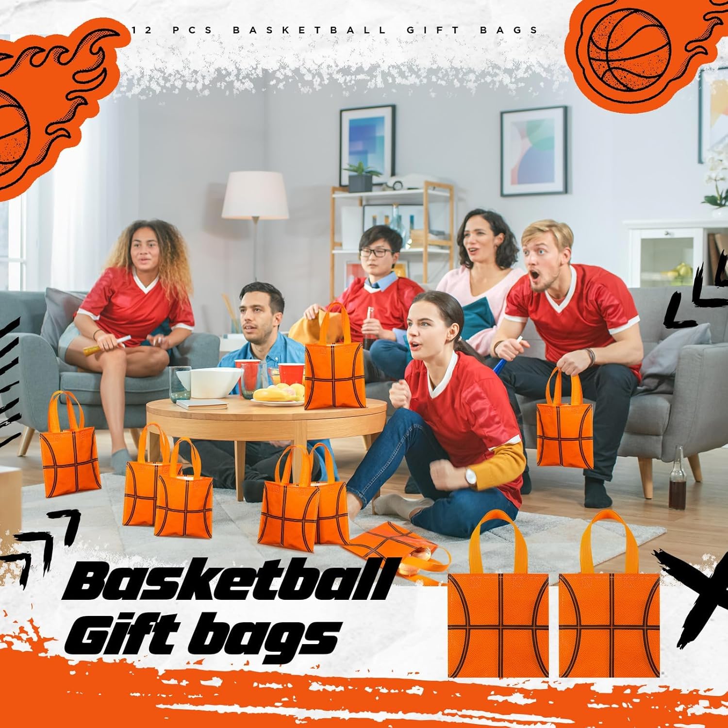 Sweetude 12 Pcs Basketball Party Gift Bags Sports Theme Candy Goodie Bags 7.8 x 7.8 Inch Basketball Non Woven Totes with Handles for Sports Party Favors Birthday Decor Supplies - Image 3