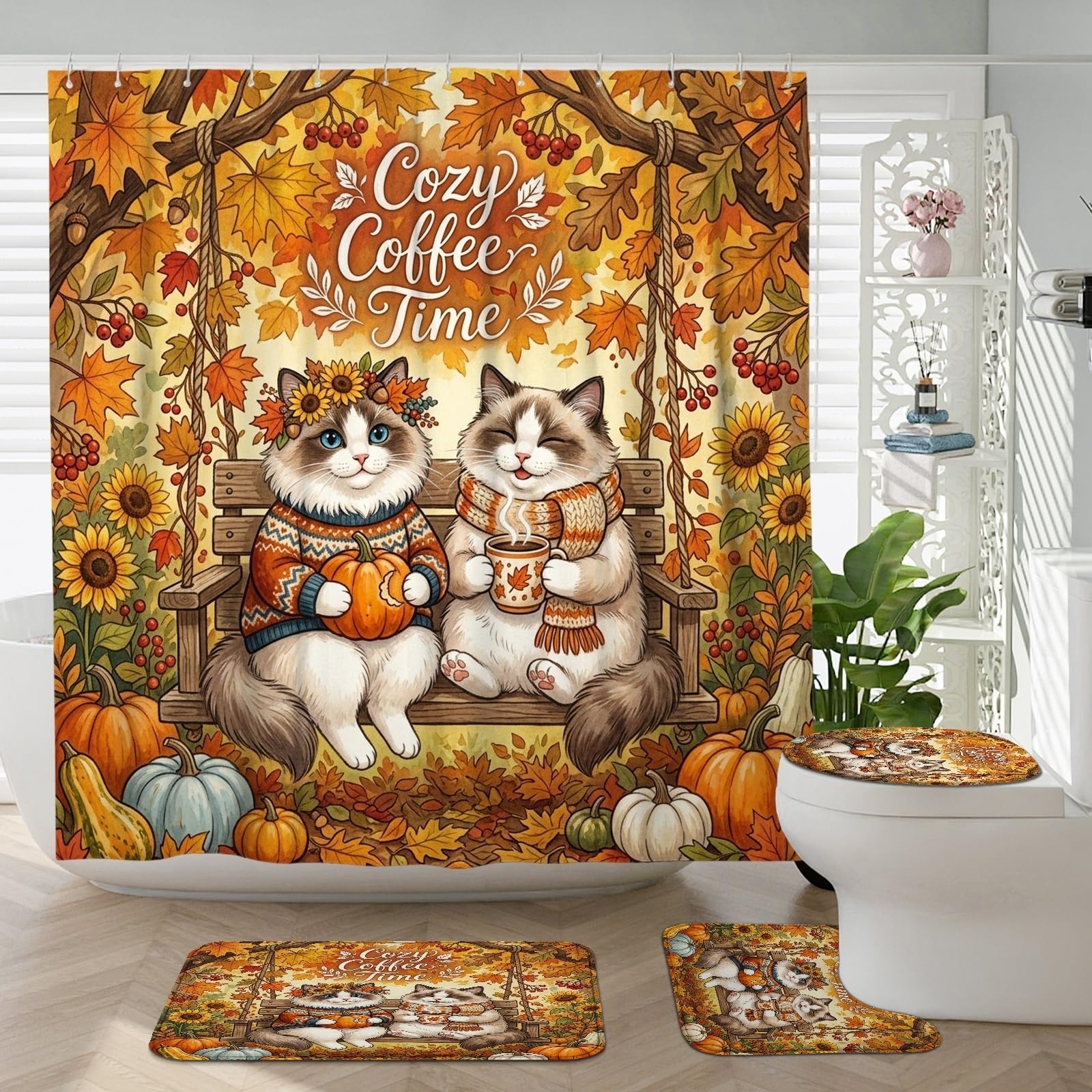 Ensemble rideau de douche 183x183 cm et tapis de salle de bain haute densité motif forêt