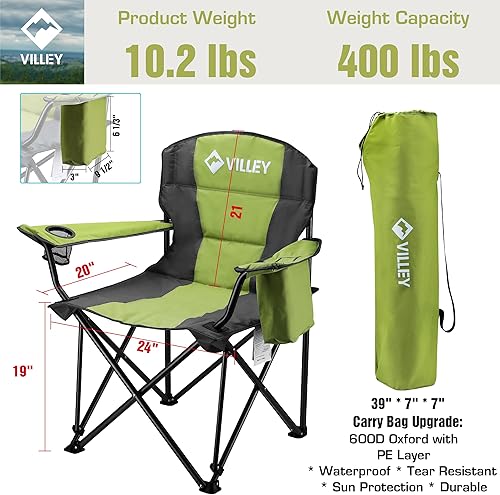 Miniatura 4 de VILLEY Silla de campamento, silla de campamento plegable de gran tamaño, sillas portátiles para exteriores que soportan 400 libras con asientos