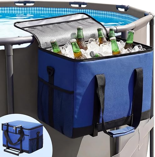 Summer Pool Cooler for Above Ground Pool, 18L Poolside Insulated Cooler Bag with Adjustable Metal Stand Waterproof Ice Chest Holder with Aluminum Foil Liner for Swimming Accessories(Blue)