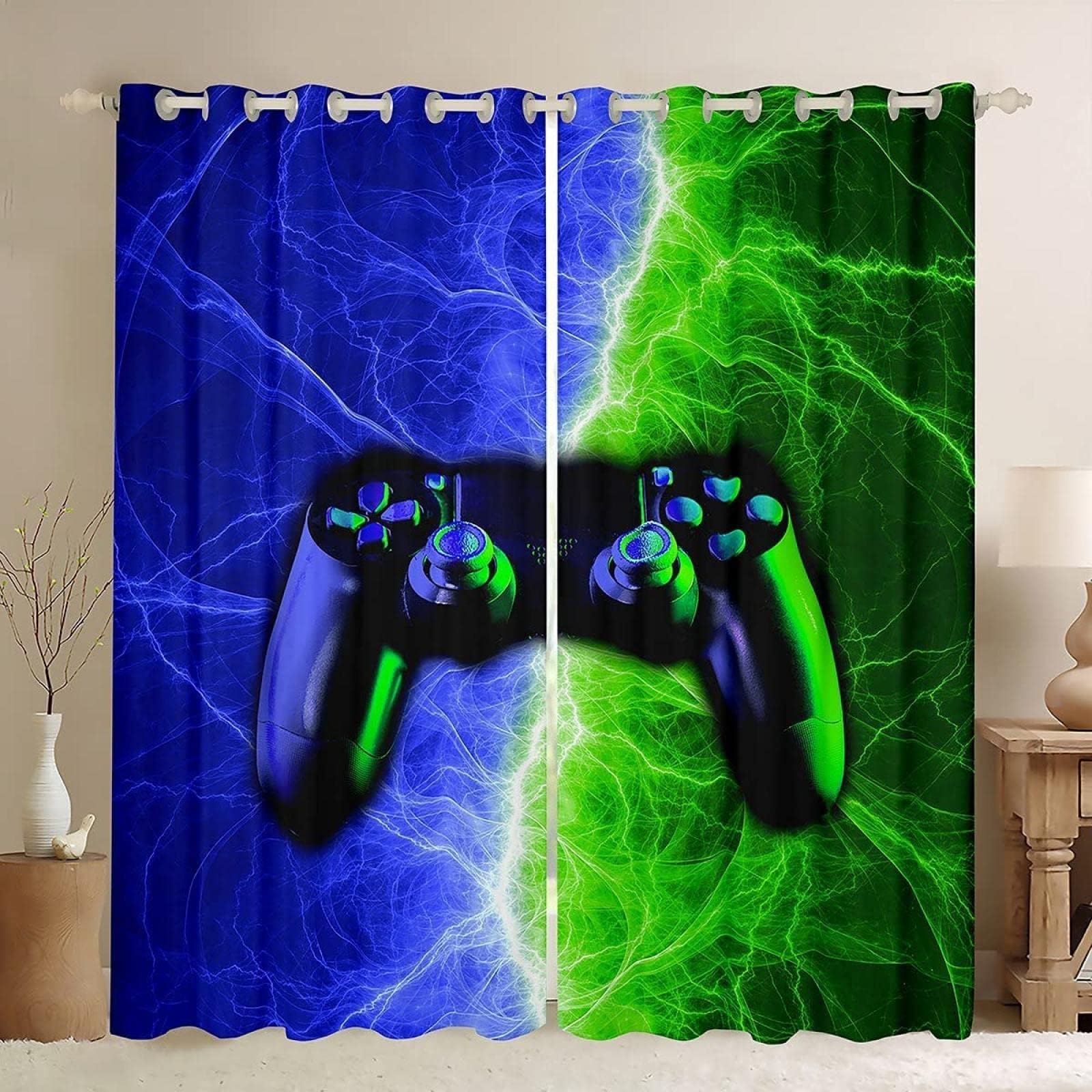 Blackout Curtains For Kids Bedroom Gamer Lightning Gamepad Video 79X84 Inch 3D Pattern Printed Curtains Eyelet Sound Insulation Thermal Insulated Drapes For Boys Girls 2 Panels