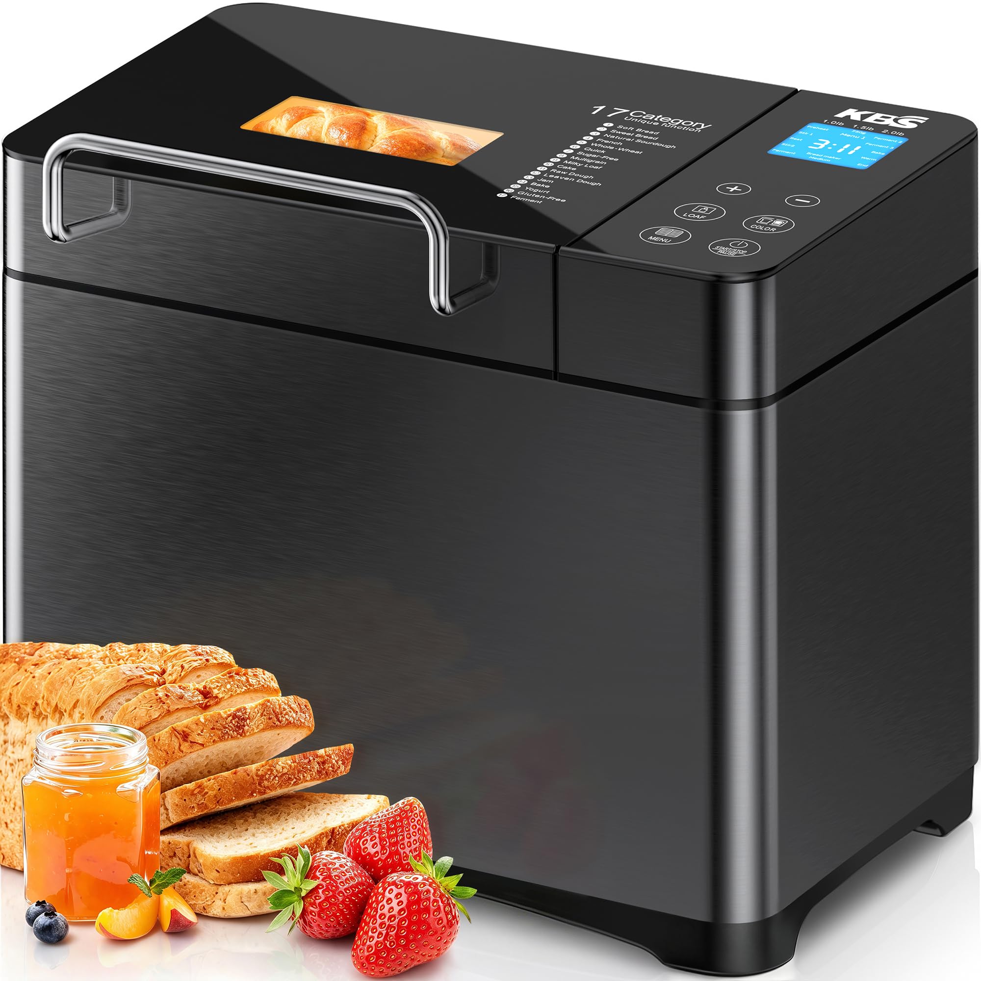 KBS 710W 2LB Bread Maker Dual Heaters, 17-in-1 Stainless Steel Bread Machine with Healthy Ceramic Pan, Automatic Nut Dispenser, Tempered Glass Touch Panel, 3 Crust Colors, 15H Timer&amp; Keep-Warm,Recipes