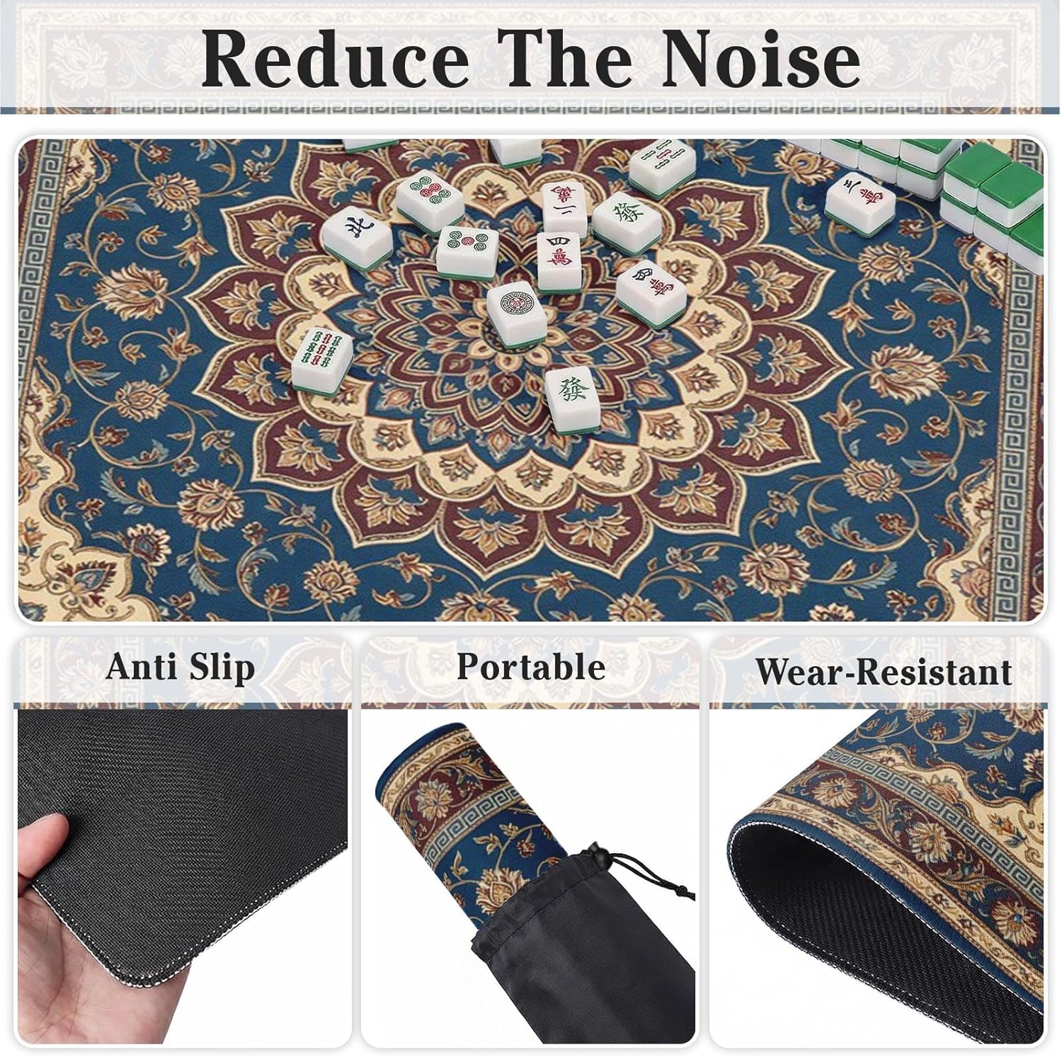 Britimes Mahjong Mat with Black Carrying Bag Blue Floral Vintage Non-Slip Noise Reduction Gaming Mat 31.5" x 31.5" Rubber Multi Purpose Game Table Cover for Mahjong Card Dominoes Board Tile Games