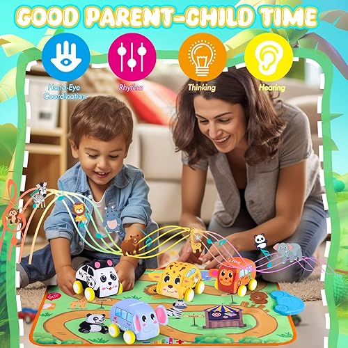 Miniatura 8 de Nuevo juego de vehículo y tapete de música, suave juego de juguetes para bebé con 4 lindos autos de animales y manta de juego táctil, nuevo modo