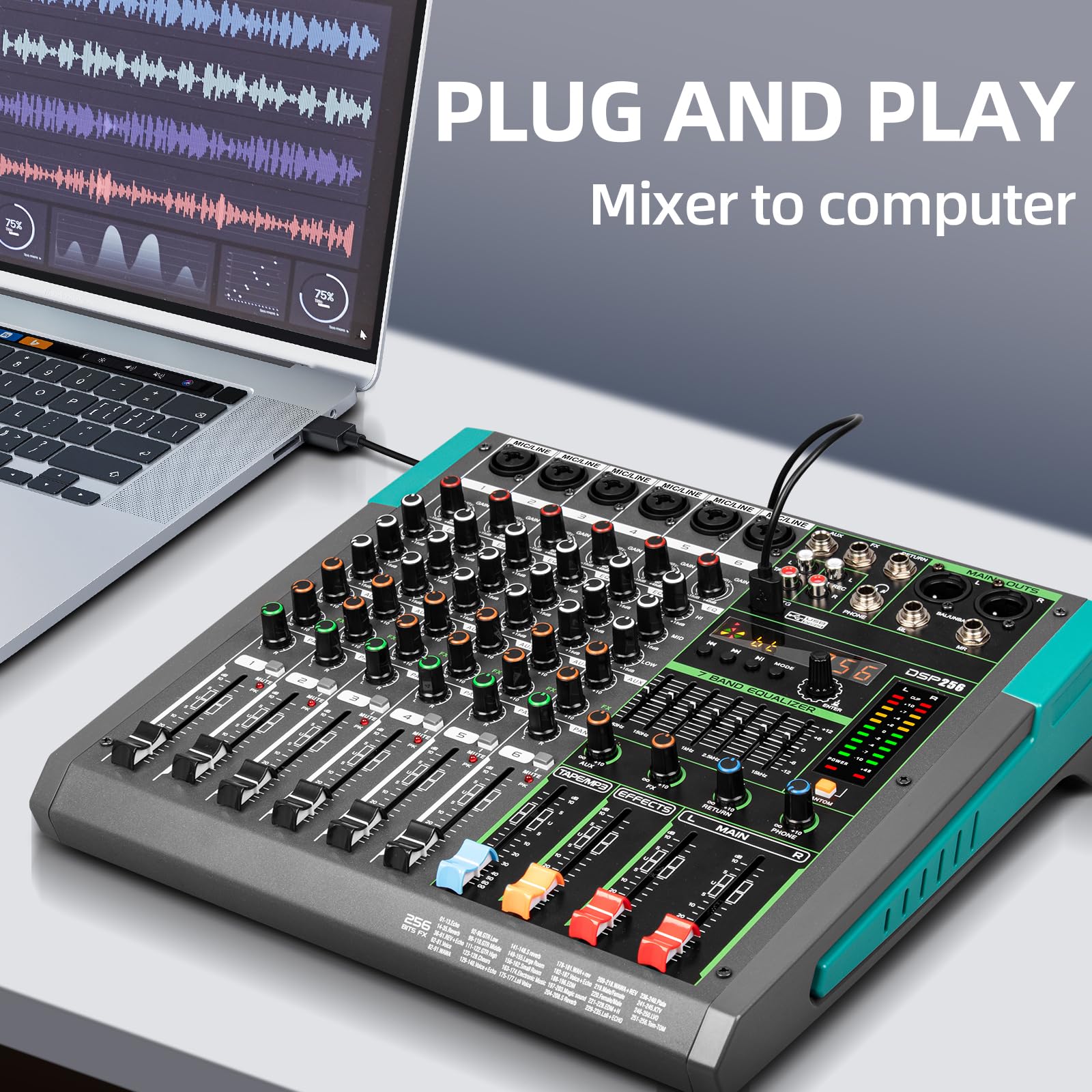 Depusheng PA6 profesjonalny mikser audio DJ, wejście 6-kanałowe, zintegrowane 256 rodzajów efektów DPS, obsługuje zasilanie fantomowe 48 V, USB, Bluetooth, nagrywanie na komputerze MP3