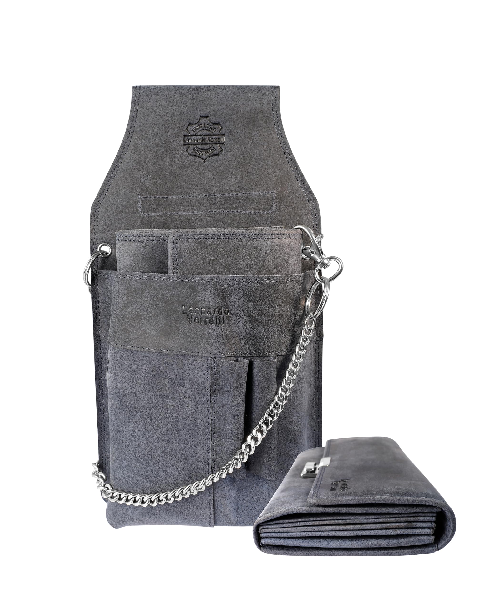 Cartera de camarero de piel | Monedero para gastronomía con trabilla para cinturón | Monedero para operaciones hombre y mujer, gris, 28x14, Clásico