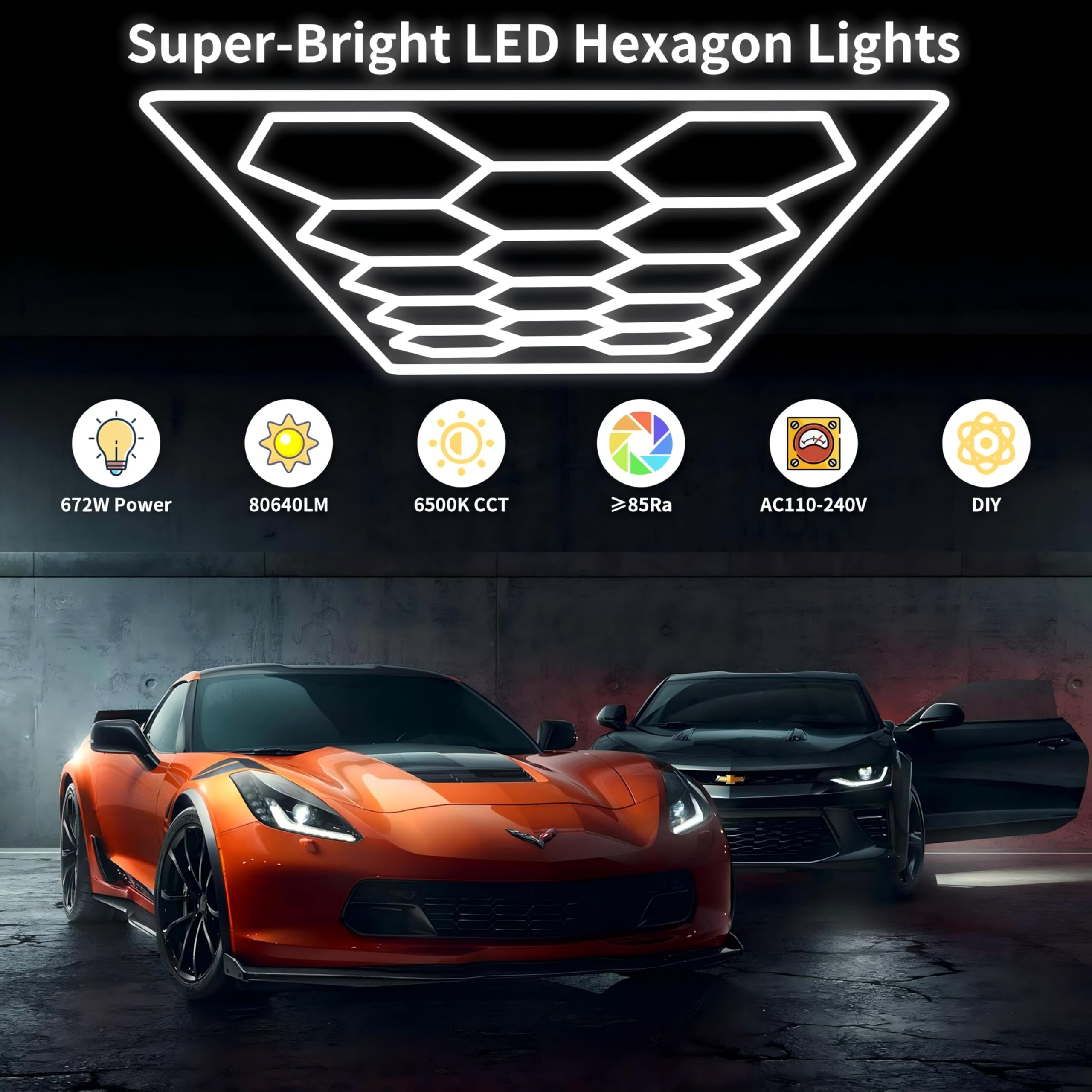 hexagon LED 14-Hex 720W 6500K Verformbare LED Werkstatt- & Deckenleuchte | Sechseck Garage Licht für Garage, Werkstatt & Arbeitsplatz | 14-Loch mit Rahmen