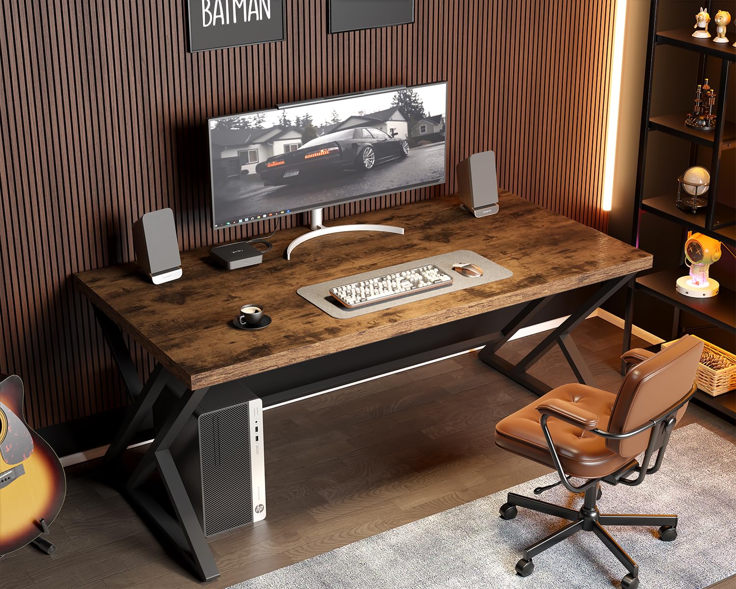 LVB Escritorio rústico para computadora, escritorio de madera de metal para oficina en casa, escritorio ejecutivo de estudio simple industrial para trabajo de escritura, mesa de computadora de madera
