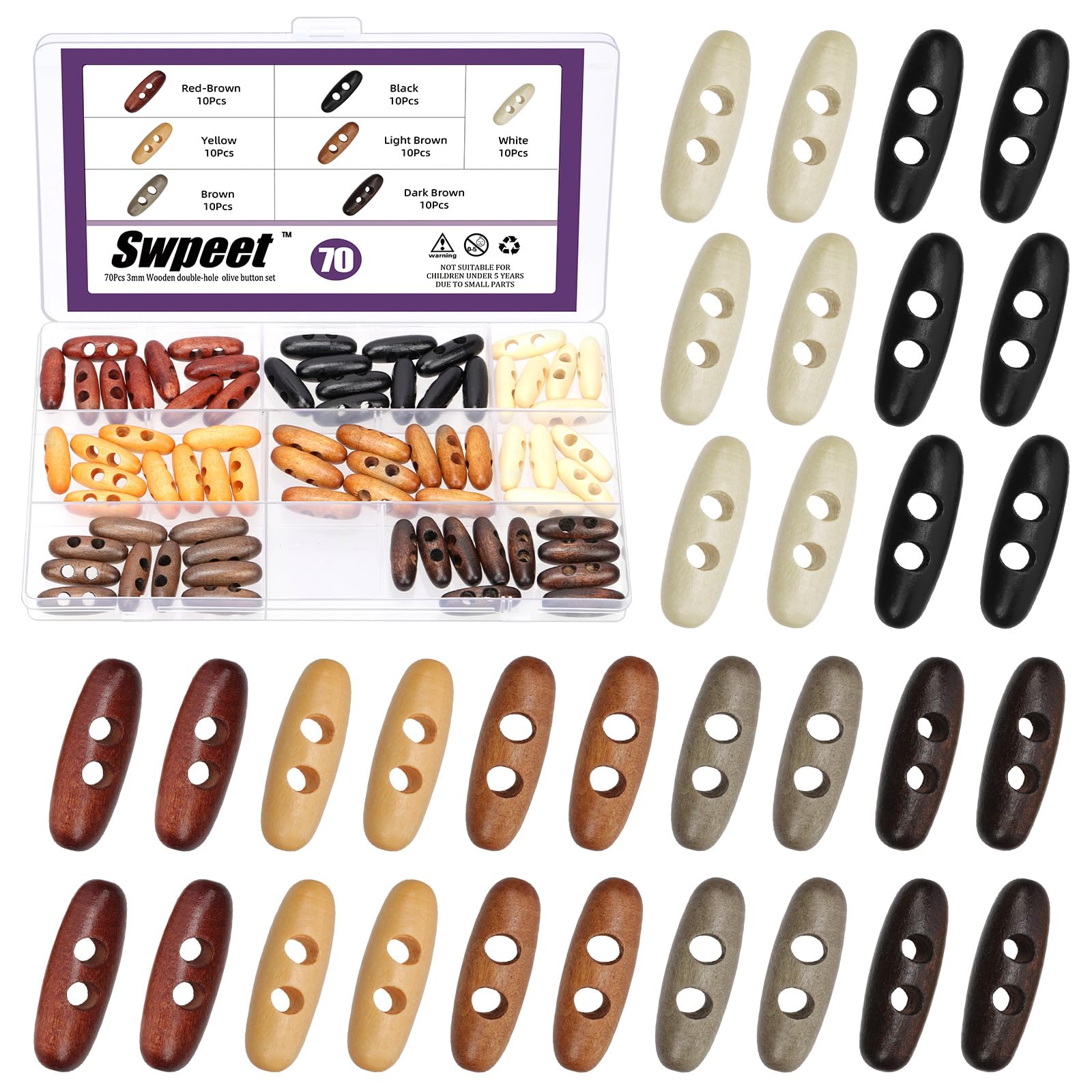 Swpeet 70Pcs 7 Colors 5mm Hole Wood Horn Toggle Buttons Assortment Kit, Olive Shape 2 Holes Toggle Buttons, Craft Wooden Sewing Button, DIY Accessories Vintage Oval Buckle for Clothing Scrapbooking