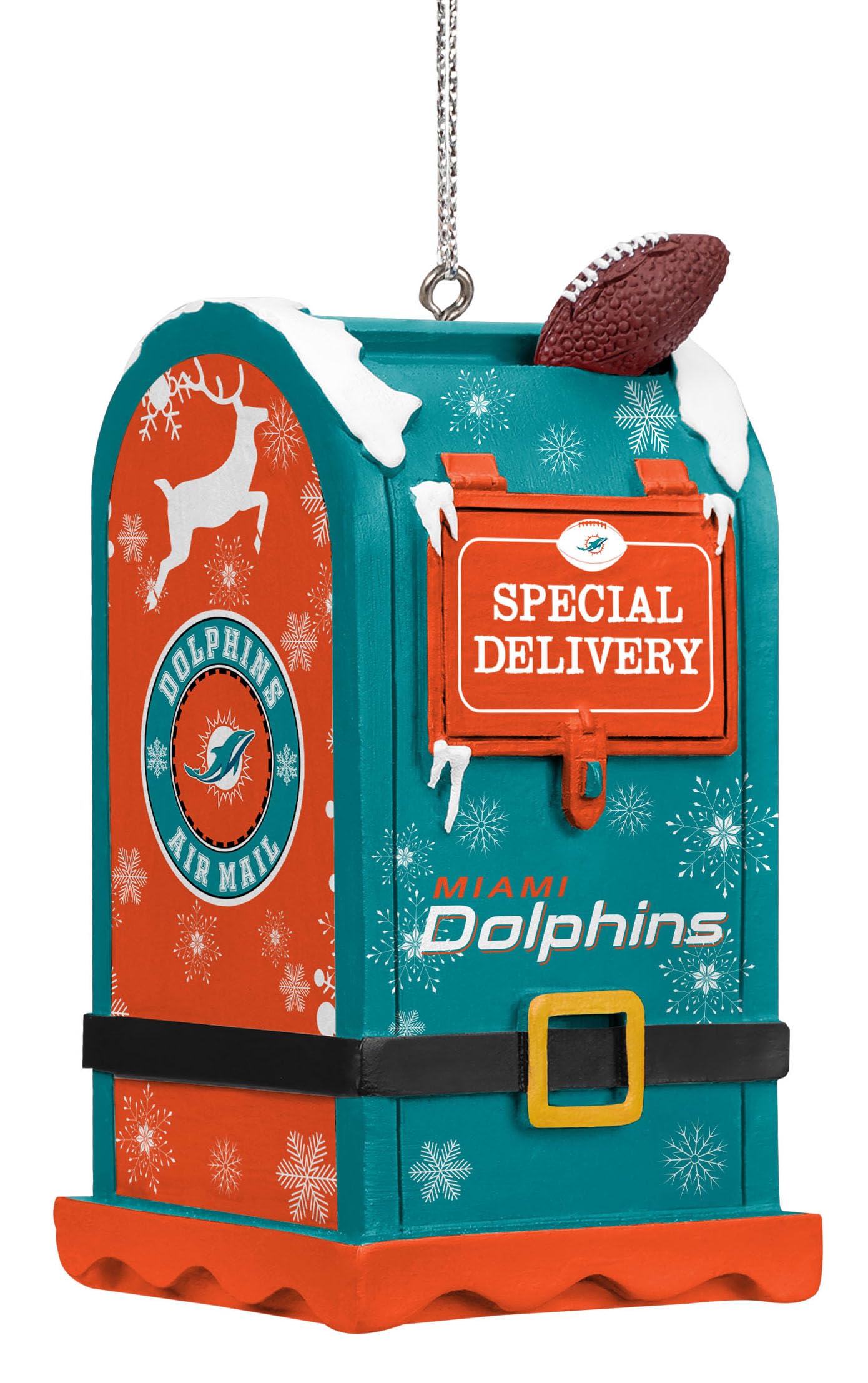 Foco Multi Color Nfl Miami Dolphins Letters To Santa Mailbox Ornament, Holiday Tree Decoration
