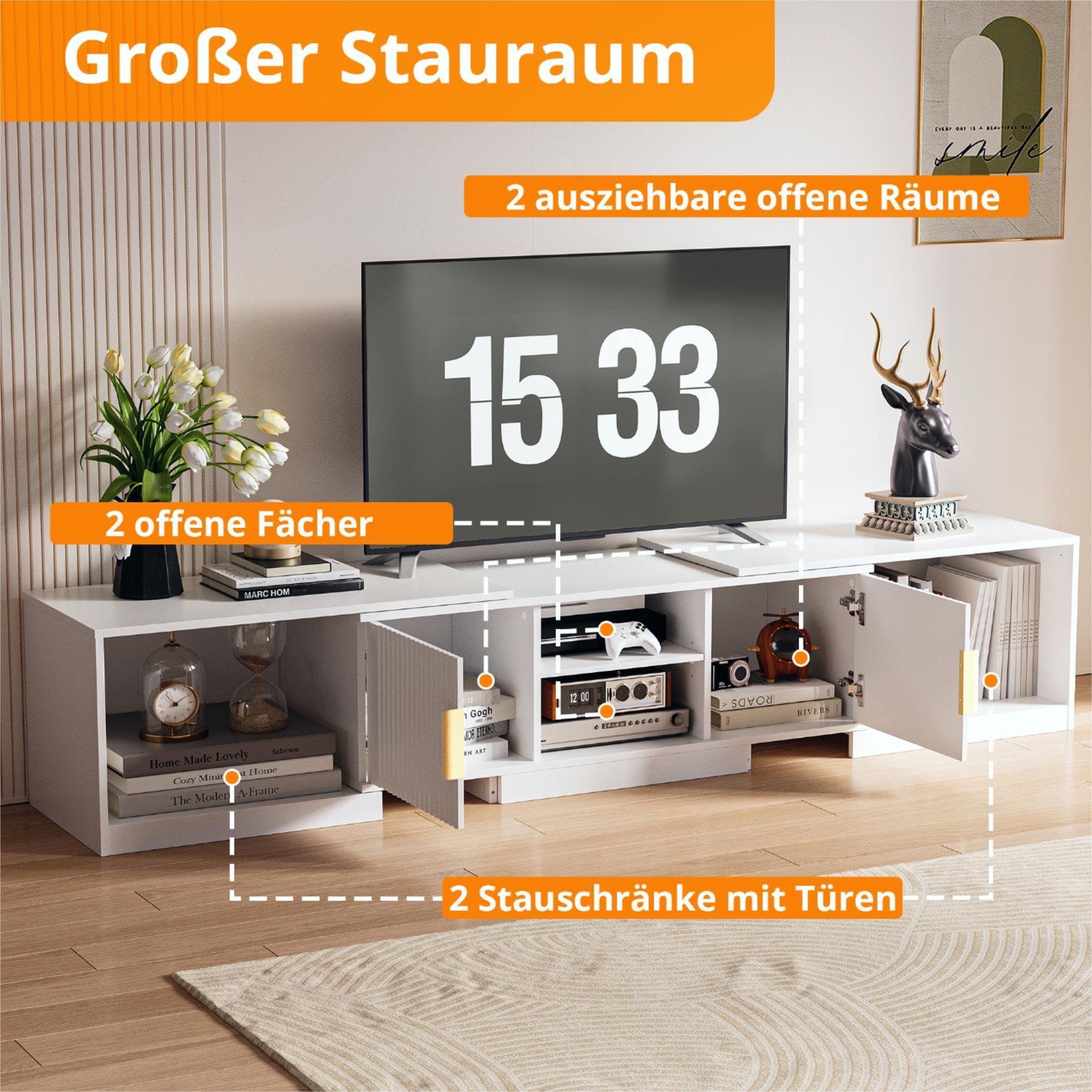 IRONCK Mueble de TV Extensible de 160 a 200 cm, para televisores de 30 a 75 Pulgadas, con Esquina giratoria, de Madera, 2 Puertas y Espacio de Almacenamiento Ajustable, Moderno, para salón, Color